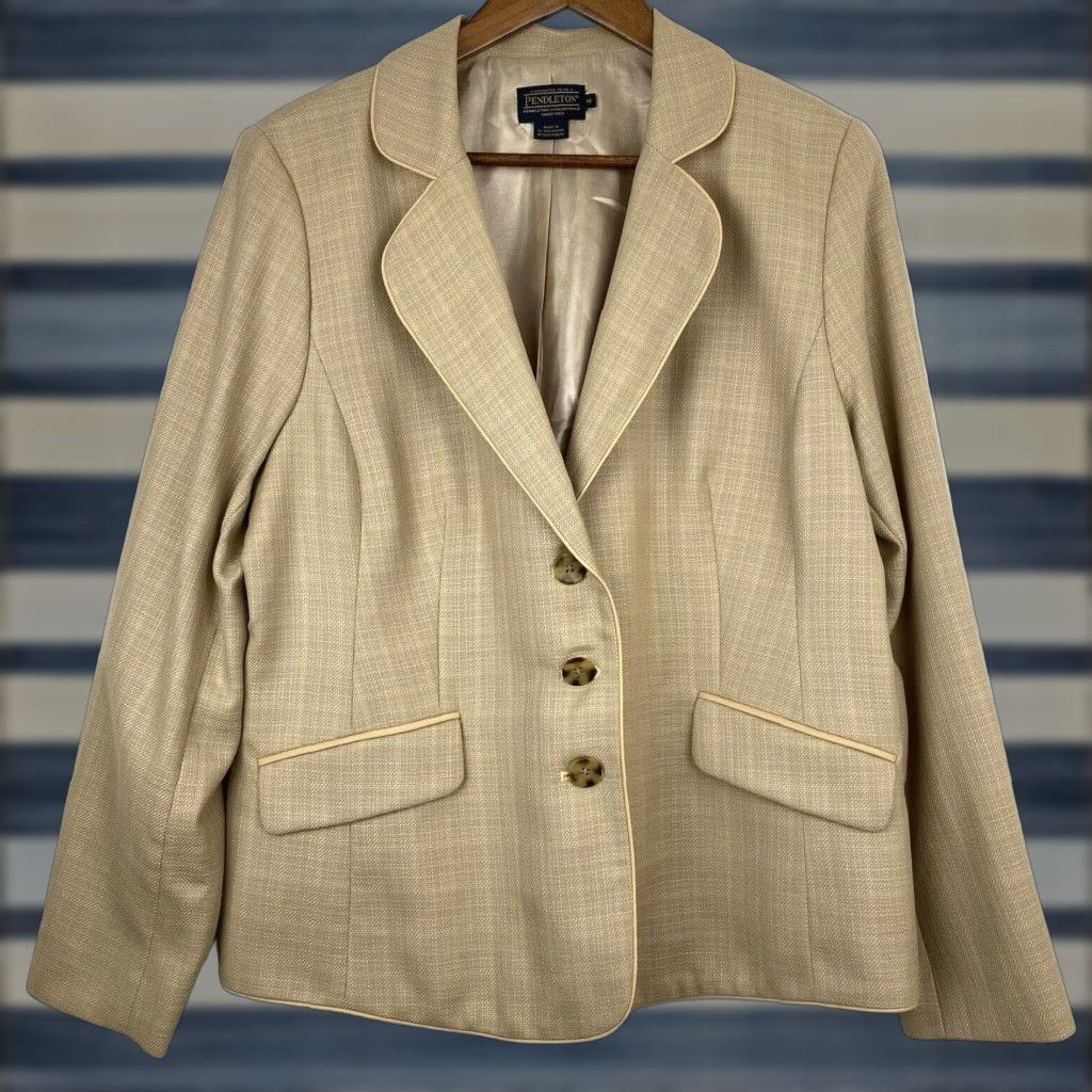 Pendleton Blazer Jacket Women's Size 16 Beige 100% Wool Button Up