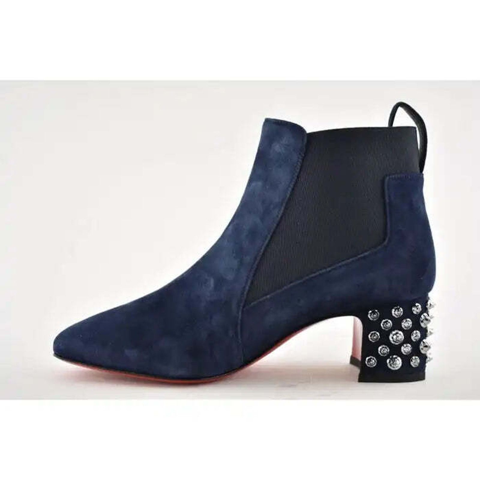 Christian Louboutin Study 55 Blue Suede Silver Spike Block Heel Ankle Boot 37 Size US 7 / IT 37 - 8 Thumbnail