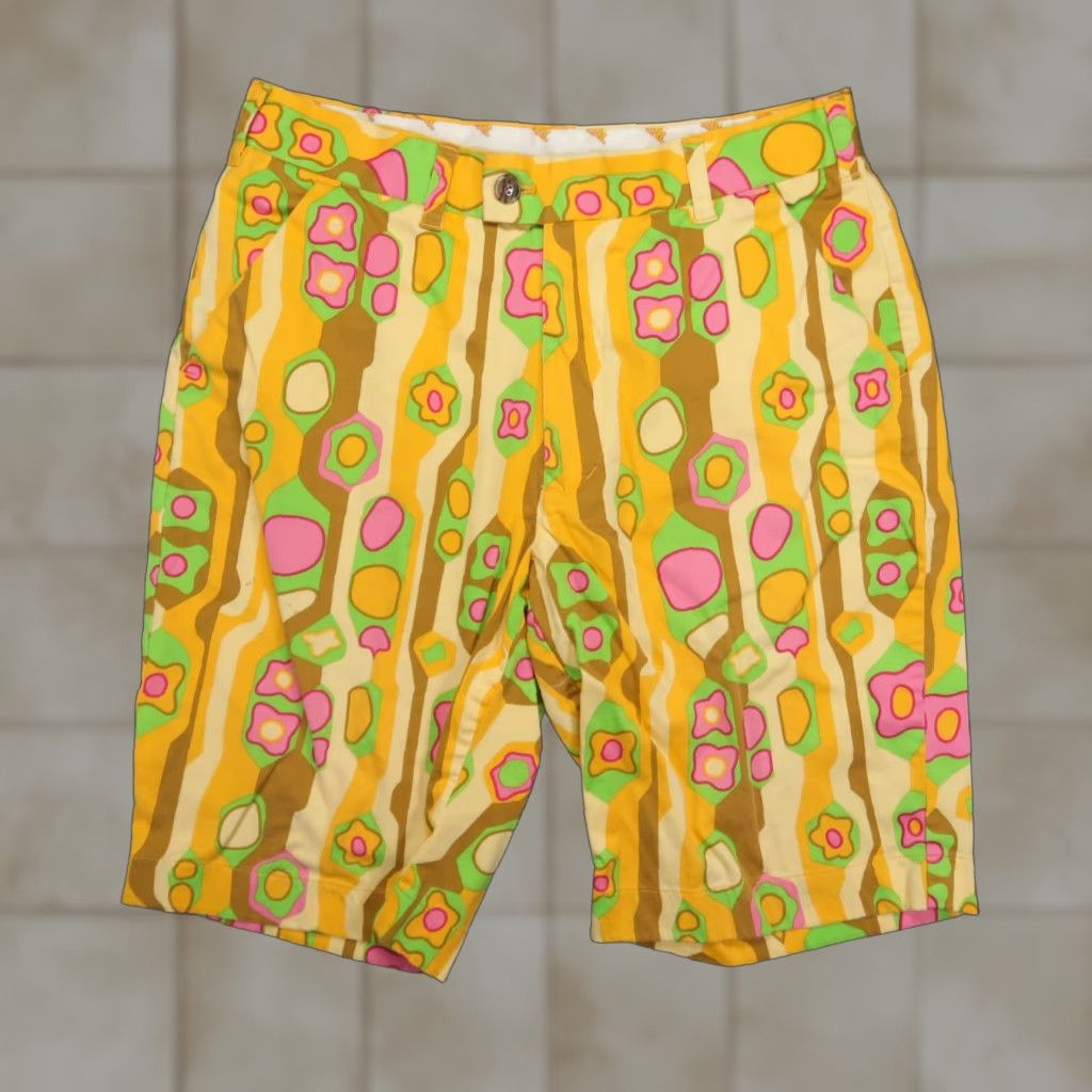VINTAGE Loudmouth Golf Shorts Mens 32 Casual Chino Stretch Geometric 70s Print Yellow