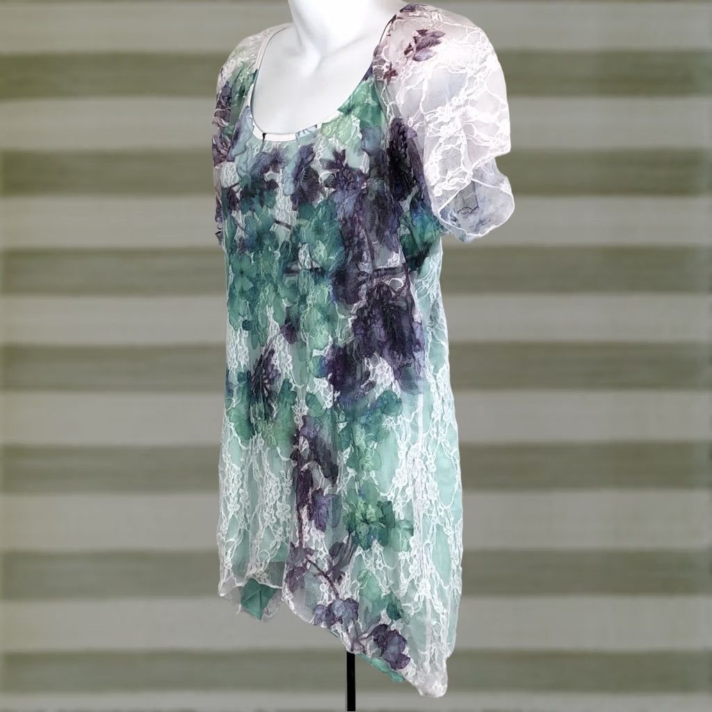 Vintage Vintage Hi Lo Lace Top L Green Purple Tie-Dye 90s Artsy Hippie Coquette Size L / US 10 / IT 46 - 1 Thumbnail