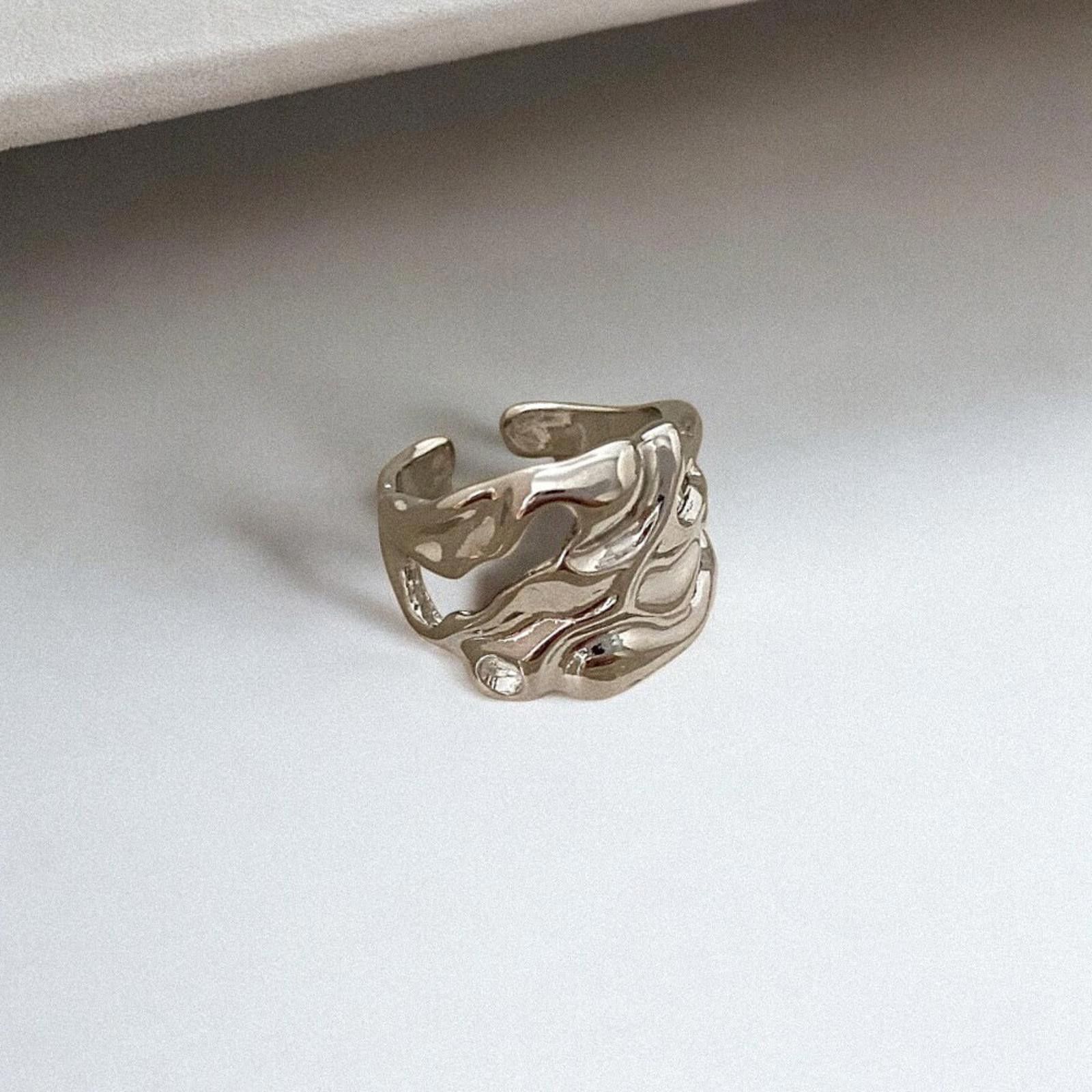 Jewelry Chunky Melted Silver Plated Ring, Irregular Tarnish Ring Size ONE SIZE - 4 Thumbnail