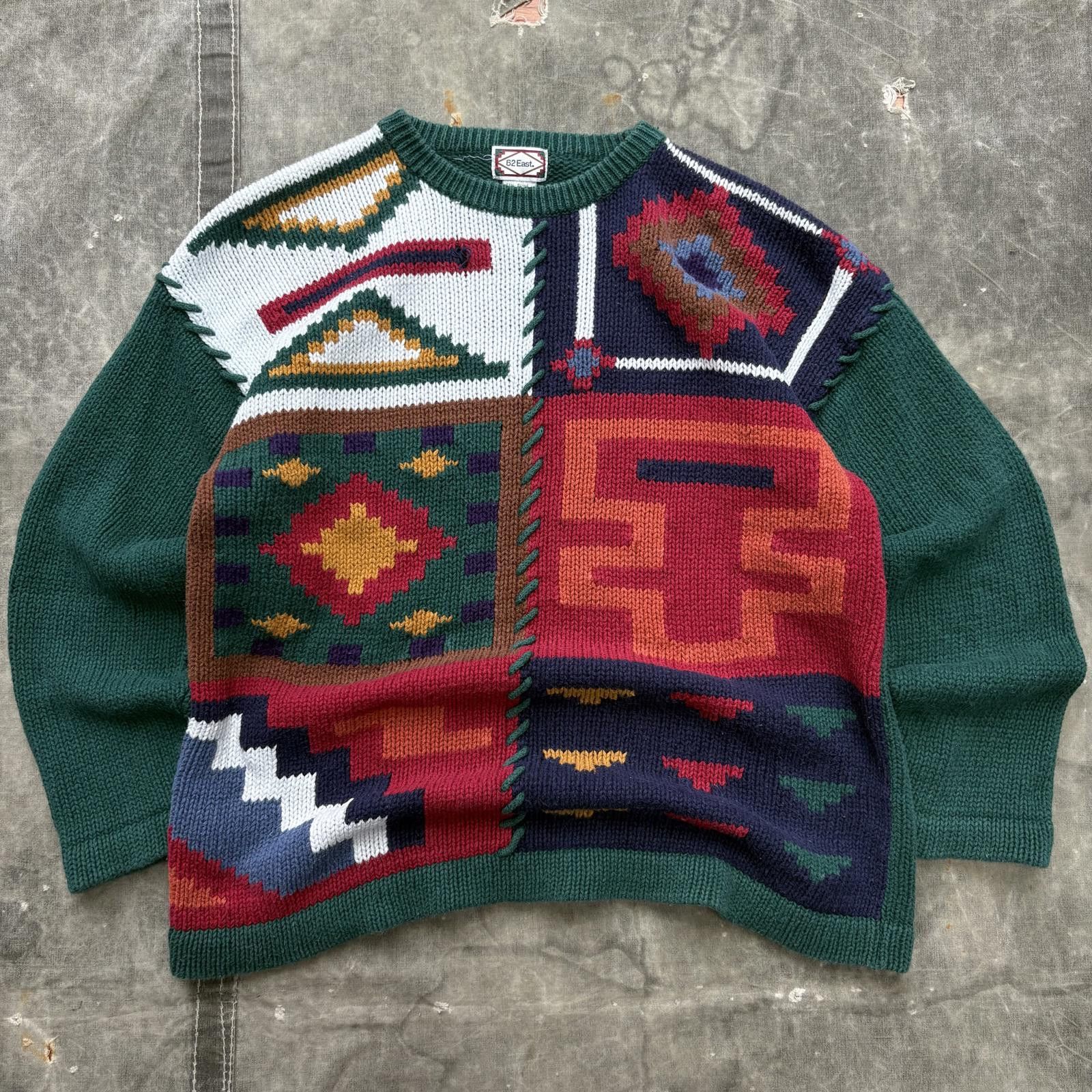 Vintage Vintage 80s Abstract Geometric Forest Green Knit Sweater Size L / US 10 / IT 46 - 1 Thumbnail