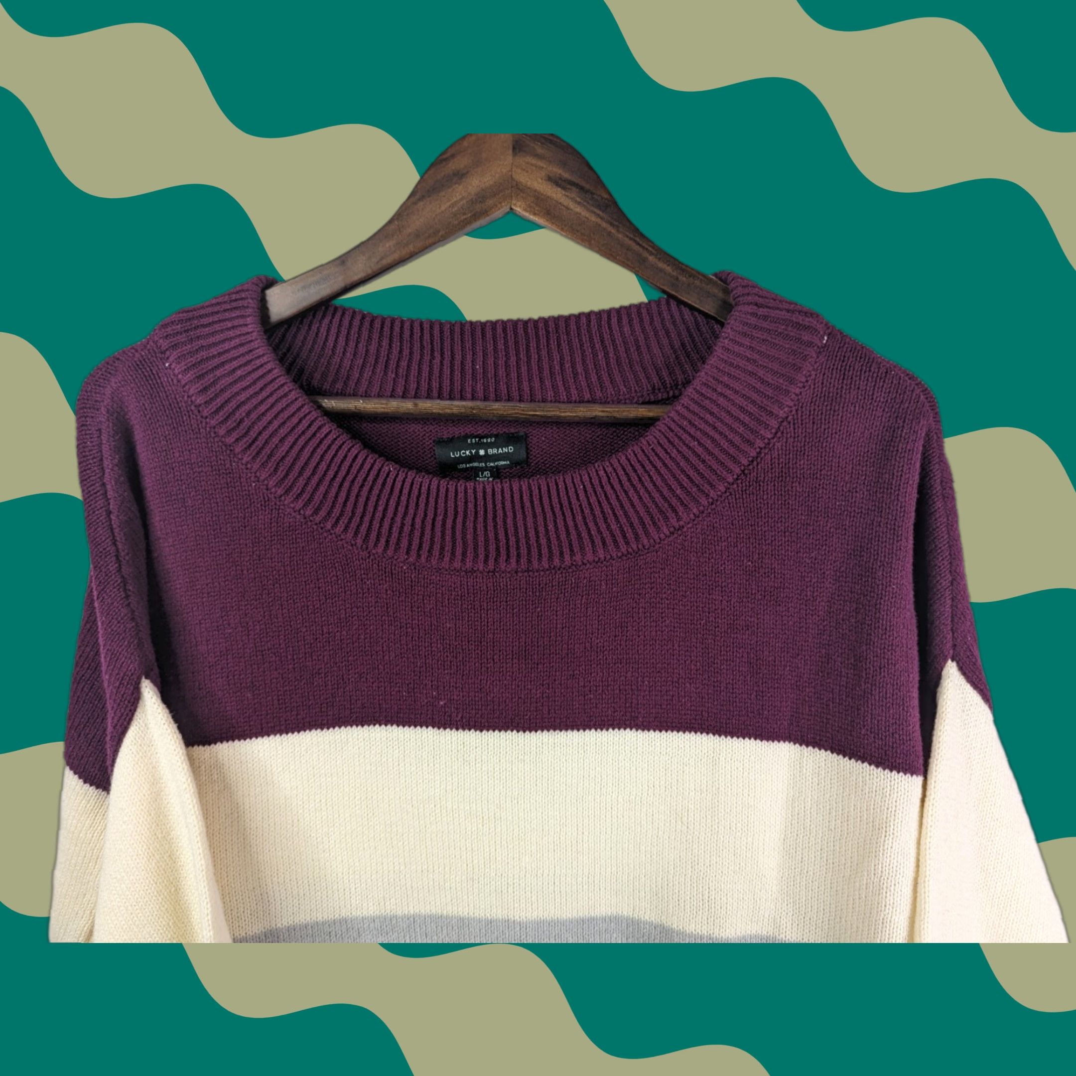 Lucky Brand Lucky Brand Womens Sweater Striped Color Block Multicolor Long Sleeve Pullover Round Neck L Color Beige Maroon 100% Cotton Blend Relaxed Knit Size L / US 10 / IT 46 - 1 Thumbnail
