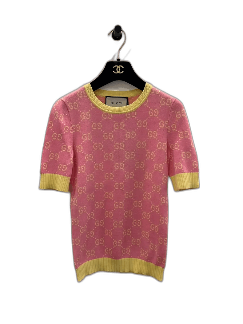 Gucci Gucci Pink Logo Knitted Short Sleeve Top-yf Size US XXS / EU 40 - 1 Thumbnail