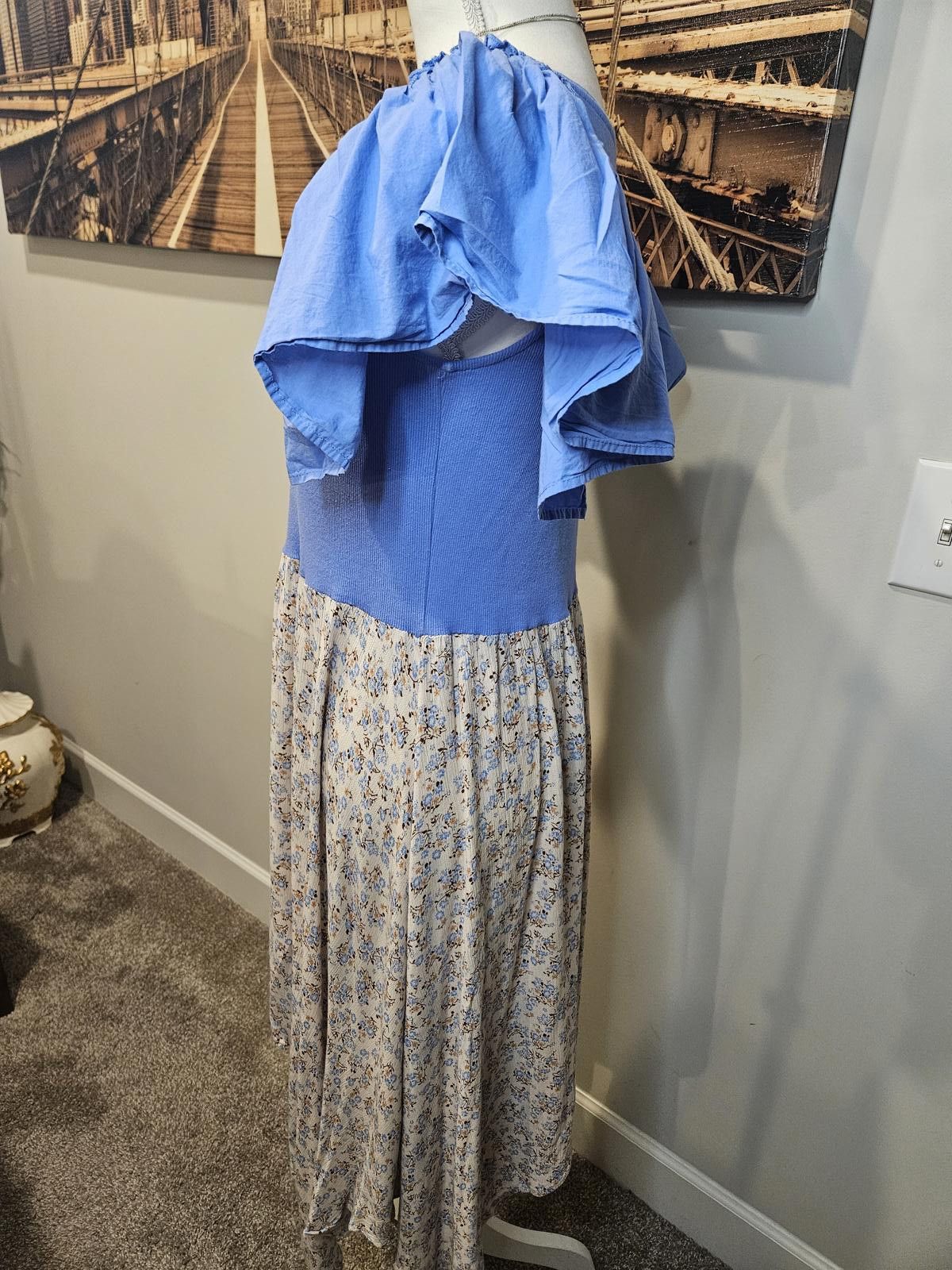 Designer Ophelia Roe Blue Floral Midi Dress with Puff Sleeves Size S / US 4 / IT 40 - 2 Thumbnail