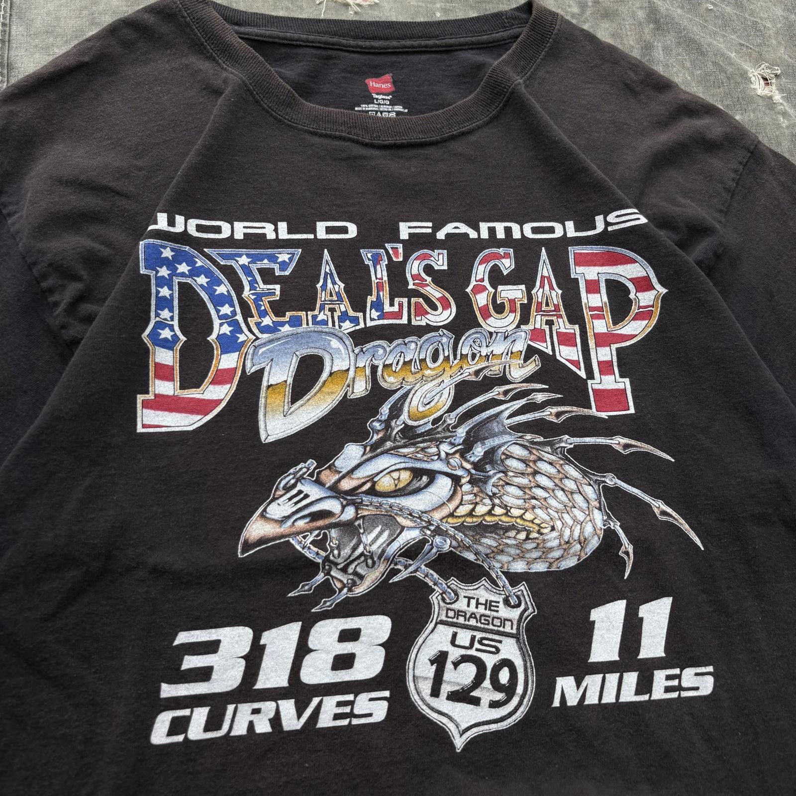 Hanes Vintage Y2K Faded Deal’s Gap Dragon Highway Biker Shirt Size US L / EU 52-54 / 3 - 5 Thumbnail