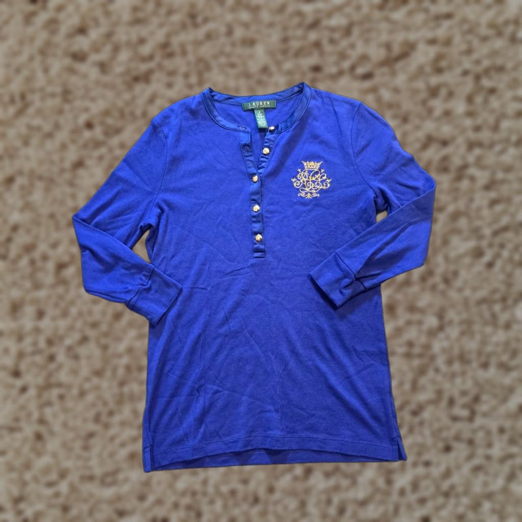 Ralph Lauren Lauren Ralph Lauren Top Womens S Blue Henley Embroidered Preppy Casual Size S / US 4 / IT 40 - 1 Thumbnail