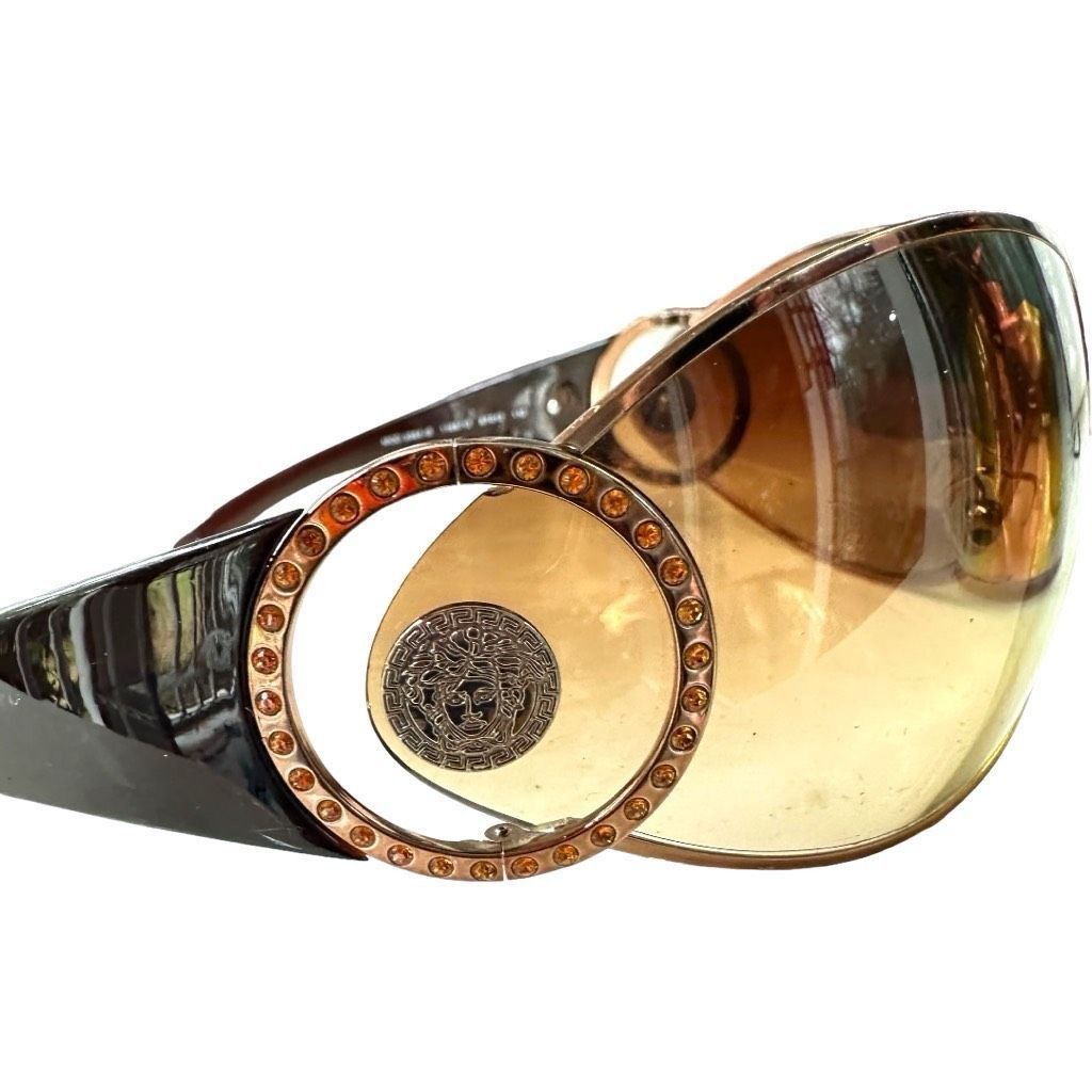 Versace VERSACE Medusa Logo Sunglasses Brown Gold SWAROVSKI Crystal Embellished Shield Oversized Made In Italy Luxury Designer Sunglasses 2064-B 1169/13 87[]12 110 Size ONE SIZE - 6 Thumbnail