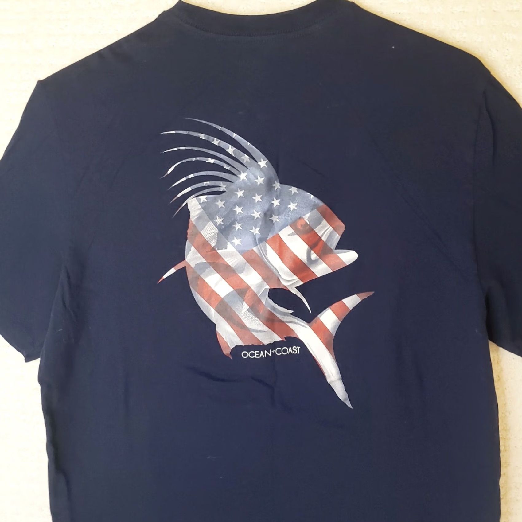Vintage Ocean + Coast Mens S Navy Blue SS T-Shirt American Flag Roosterfish Size US S / EU 44-46 / 1 - 6 Thumbnail