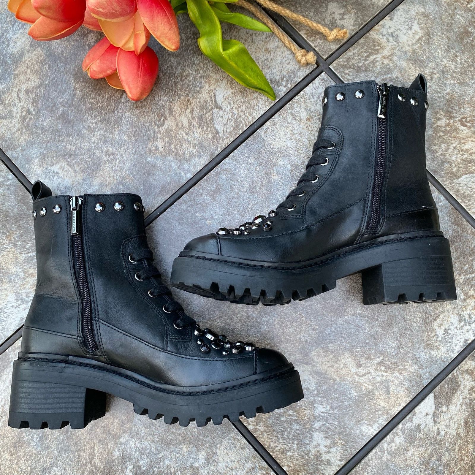Karl Lagerfeld New KARL LAGERFELD Black Breck Studded Leather Moto Bootie Size US 6 / IT 36 - 9 Thumbnail