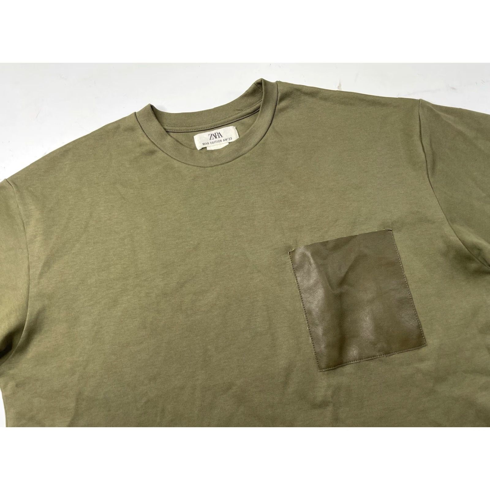 Zara Zara Man T-Shirt Green Medium Pocket Leather Heavyweights AW 23 Limited Edition Mens M Size US M / EU 48-50 / 2 - 2 Thumbnail