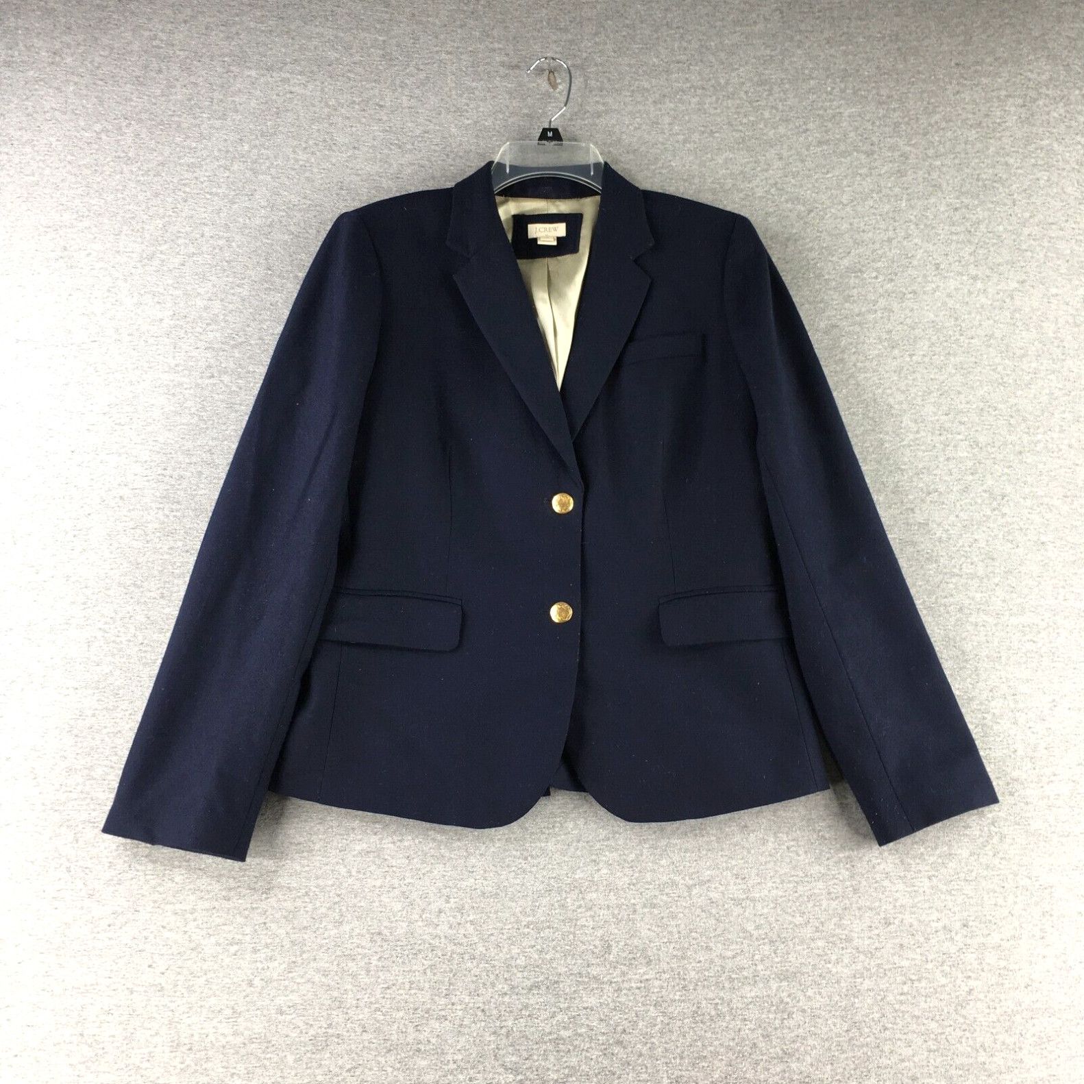 image of J Crew Blazer Womens 10 Schoolboy Wool Blend Blue Gold Button Career Jacket Coat in White (Size Lar