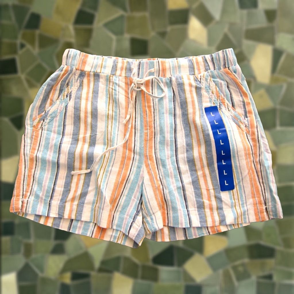 Vintage NWT Briggs Linen Blue Orange Stripe Pocket 5" Inseam Chino Short Woman Large Size 36" / US 14 / IT 50 - 1 Thumbnail