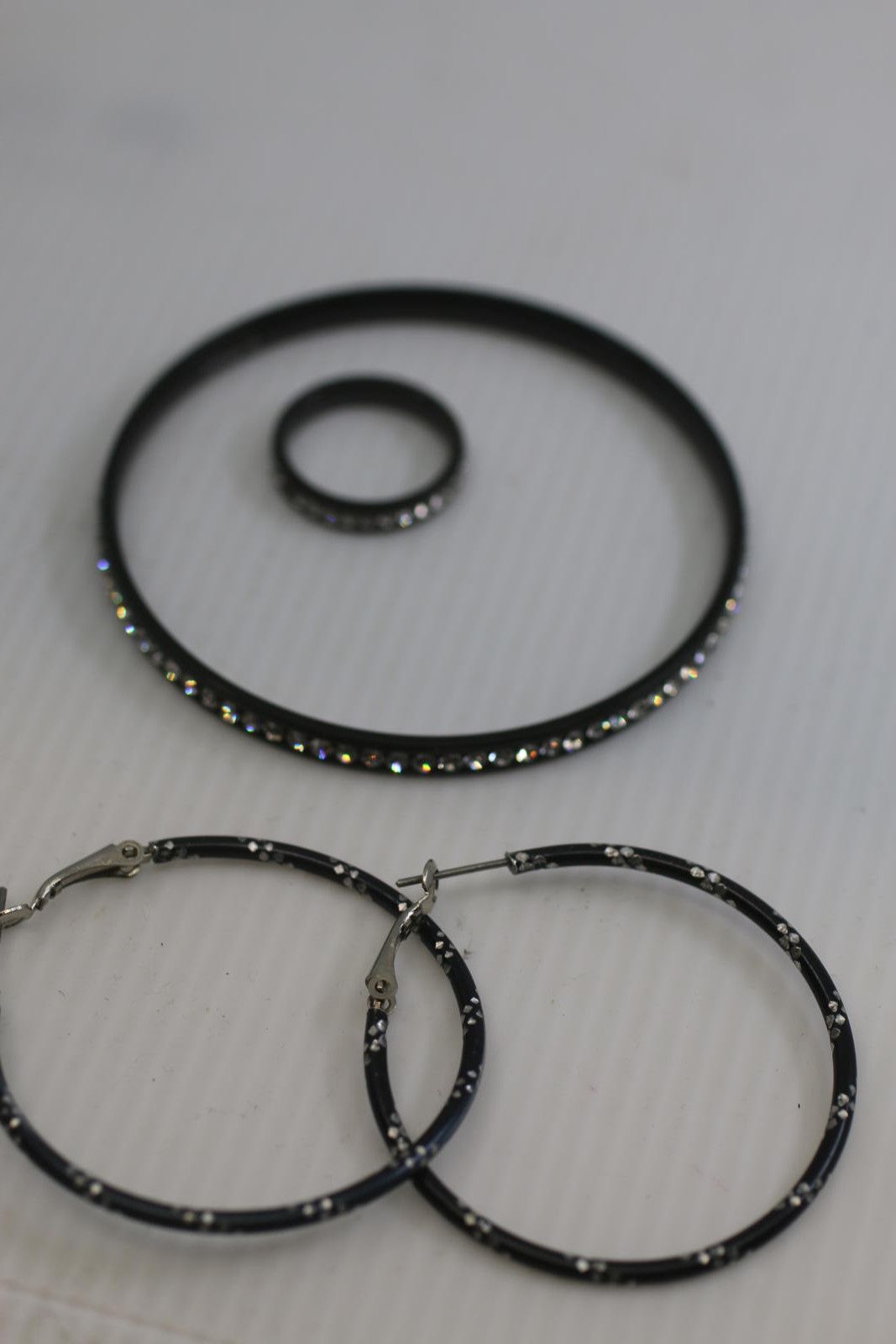 Unknown London Black Rhinestone Jewelry Set – Hoop Earrings, Bangle & Ring Size ONE SIZE - 1 Thumbnail