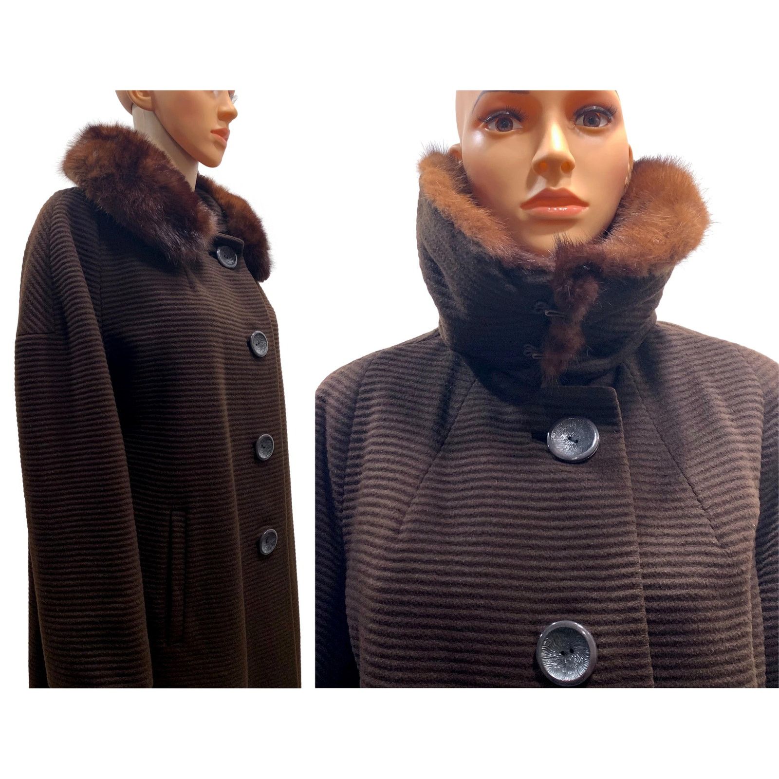 Vintage 60s Brown Ribbed Wool Coat w Mink Collar | Small Size S / US 4 / IT 40 - 4 Thumbnail