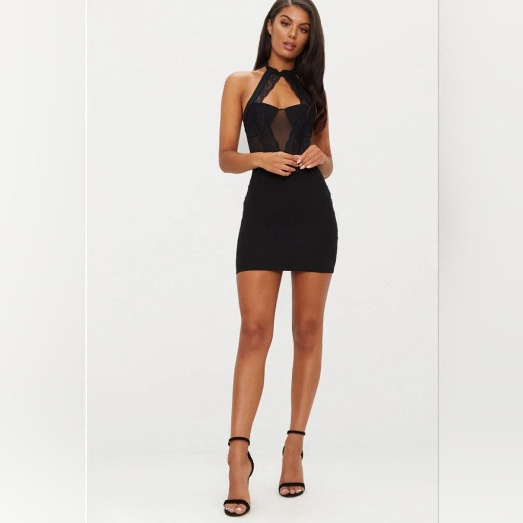 PrettyLittleThing NWT PrettyLittleThing Black LaceTrim High Neck Bodycon Dress Size S / US 4 / IT 40 - 2 Thumbnail