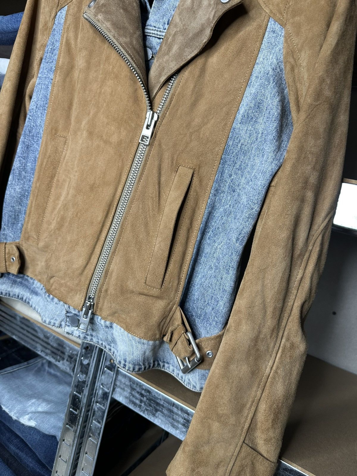 Allsaints AllSaints Suede Denim Biker Jacket Goat Leather Moto US 10 Size L / US 10 / IT 46 - 4 Thumbnail