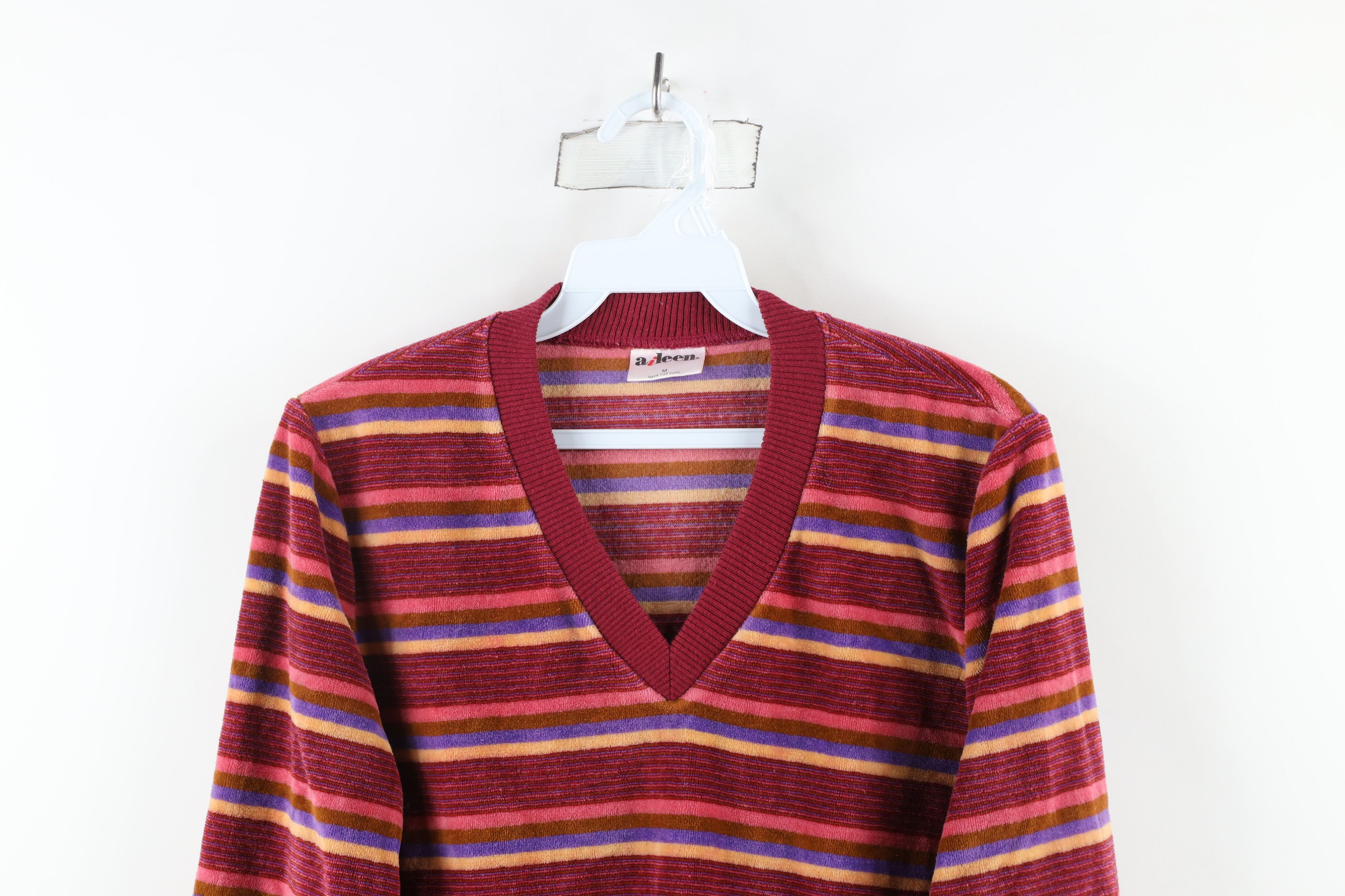 Vintage Vintage 90s Streetwear Striped Velour V-Neck Sweater USA Size M / US 6-8 / IT 42-44 - 2 Thumbnail