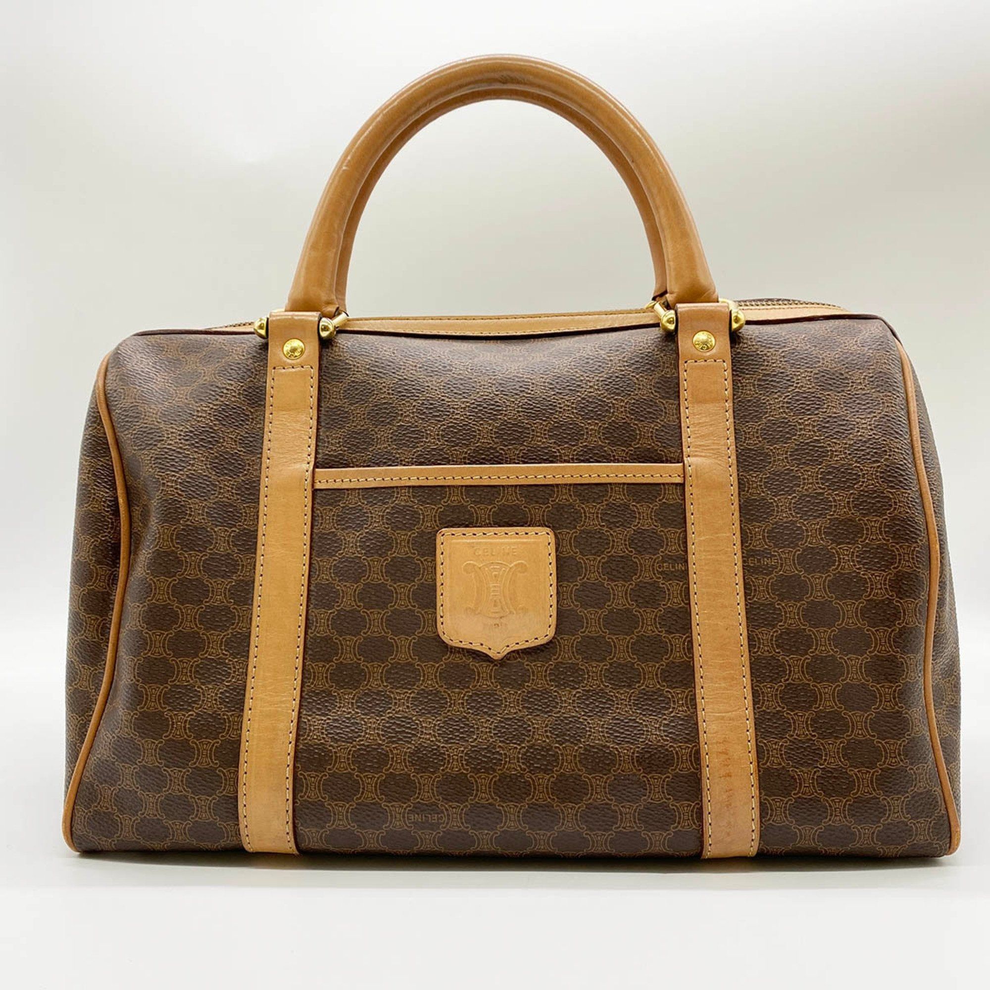 image of Celine Boston Bag Handbag Armrest Macadam Pattern Brown Leather Ladies Men's M14 Itme0Mrimi2W
