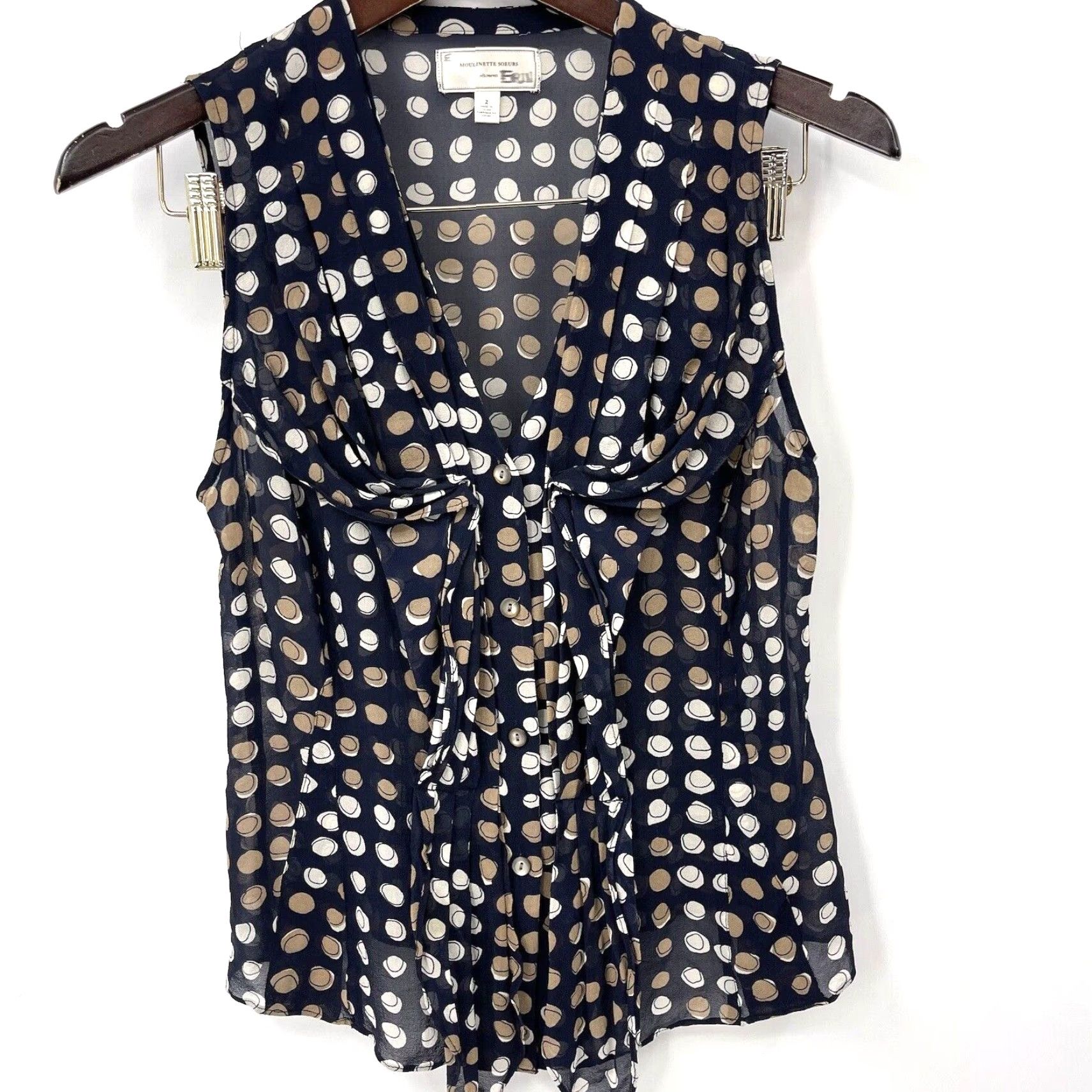 Anthropologie VINTAGE Moulinette Soeurs Blouse Women Sleeveless Ruffle Sheer Geometric Blue 2 Size XS / US 0-2 / IT 36-38 - 2 Thumbnail