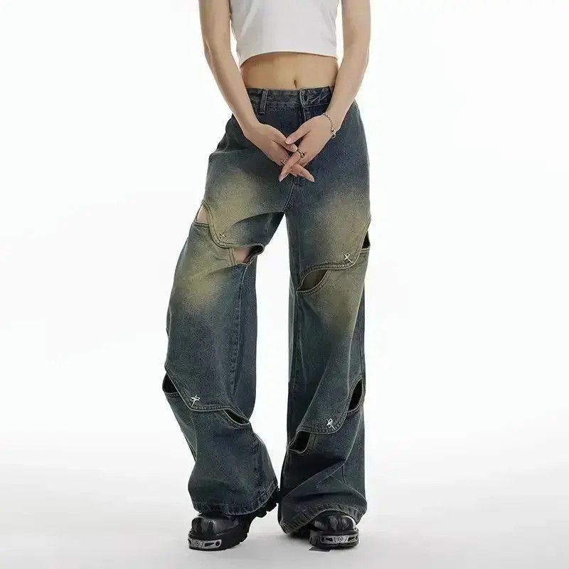 Japanese Brand Spliced washed wide leg distressed jeans Size US 32 / EU 48 - 3 Thumbnail
