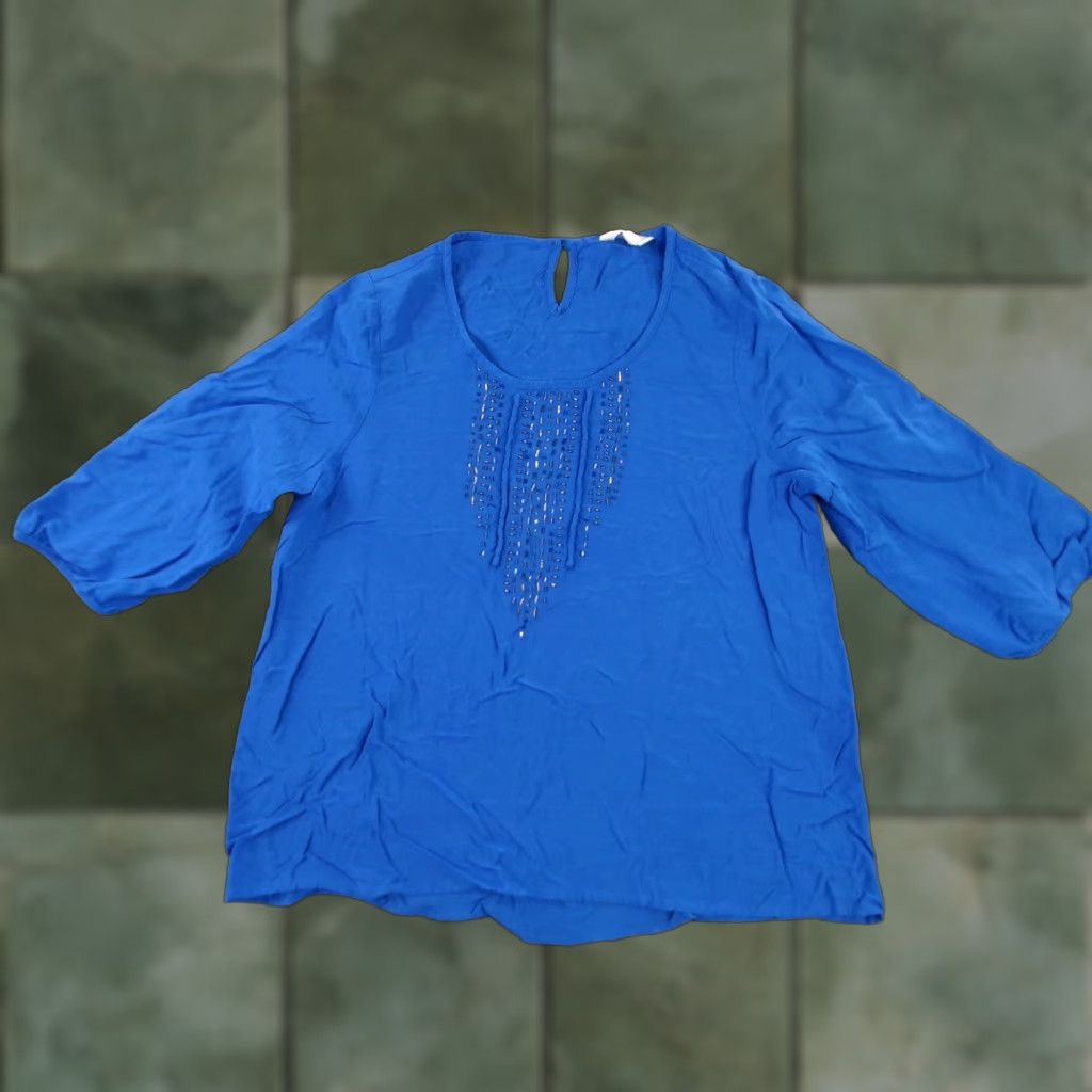 Vintage Sonoma Blue Beaded Tunic Blouse Women Large 3/4 Sleeve Scoop Neck Casual Beach Bohemian Size L / US 10 / IT 46 - 1 Thumbnail