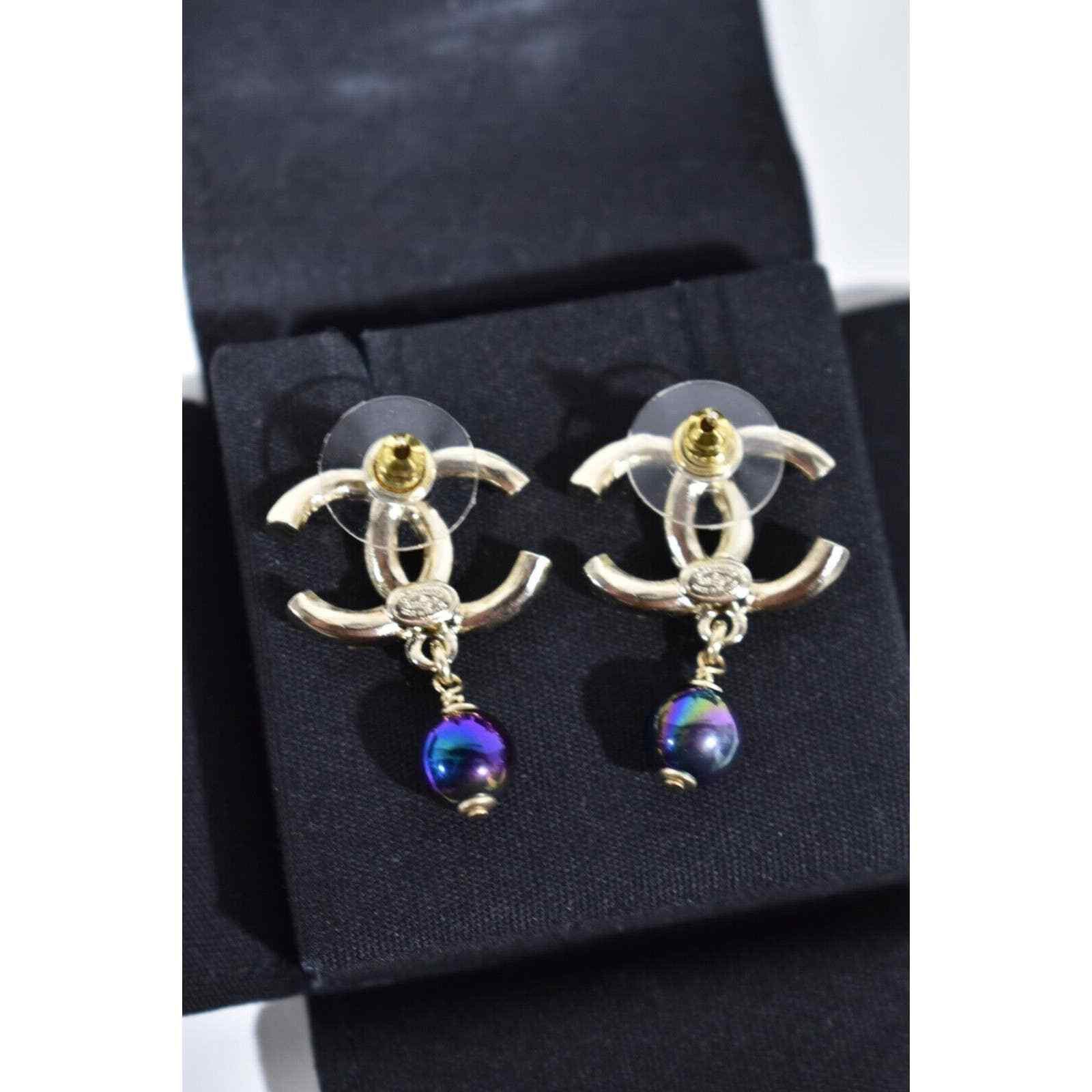 Chanel Chanel Gold Crystal Pearl Purple Statement Stud Earrings Size ONE SIZE - 11 Thumbnail