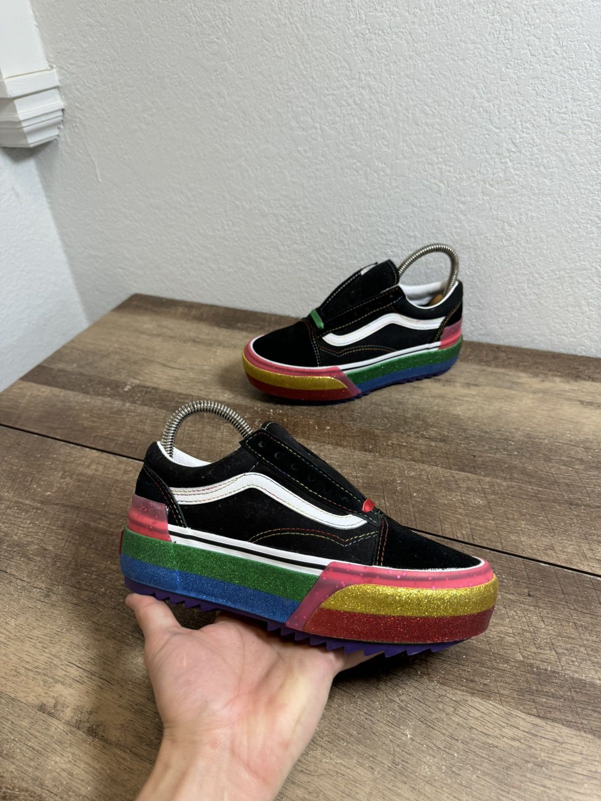 VANS Old Skool Stacked Glitter Black Rainbow W-6 NEW