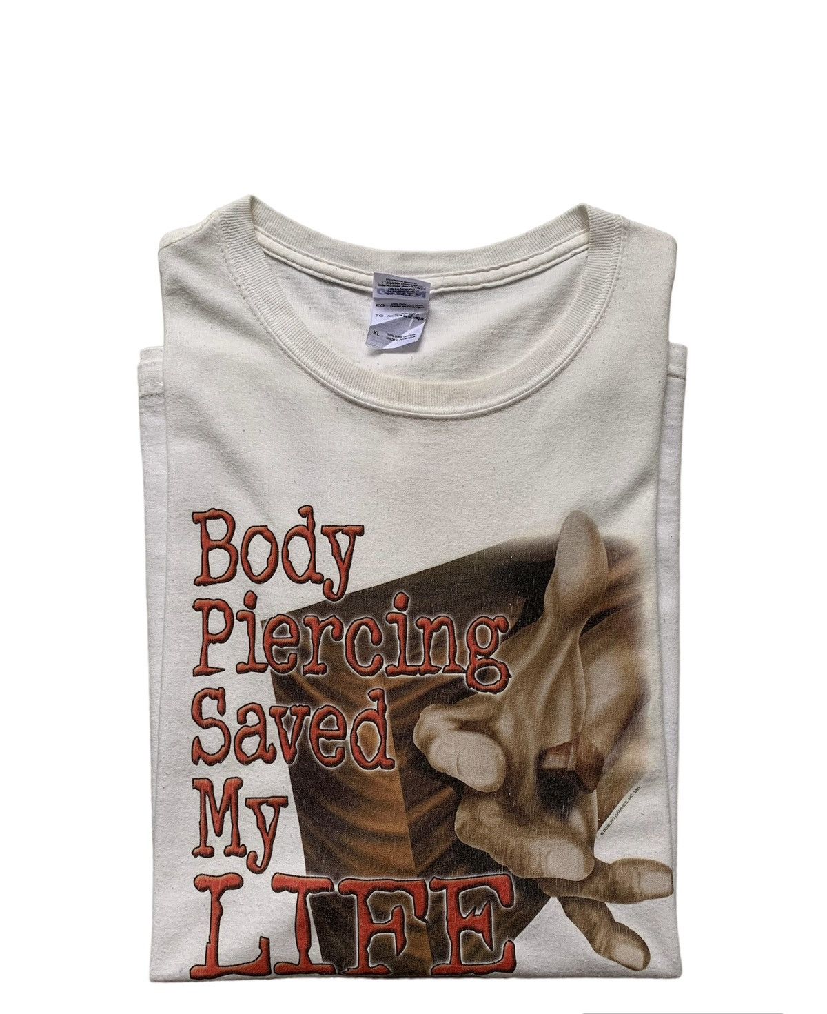 image of Early 2000S Jesus Tee Body Piercing Saved My Life in White, Men's (Size XL)