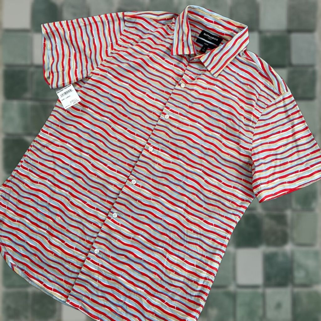 Bonobos Shirt Men L Slim Stretch Multicolor Striped Short Sleeve Button-Up NNWT