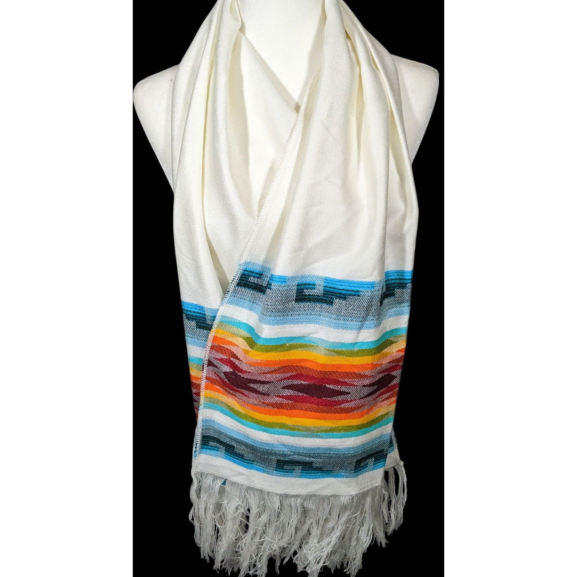 Other Handwoven Southwestern White And Rainbow Scarf With Fringe Size ONE SIZE - 4 Thumbnail