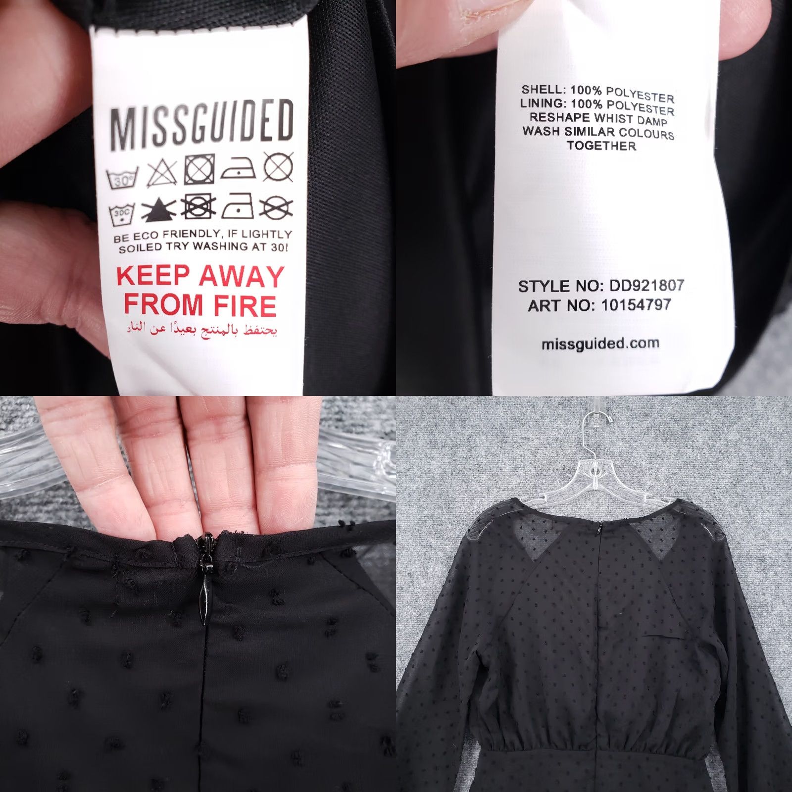 Missguided Missguided Dress Womens 6 Black Dobby Long Sleeve Sheer V Neck Skater Lined Size M / US 6-8 / IT 42-44 - 9 Thumbnail