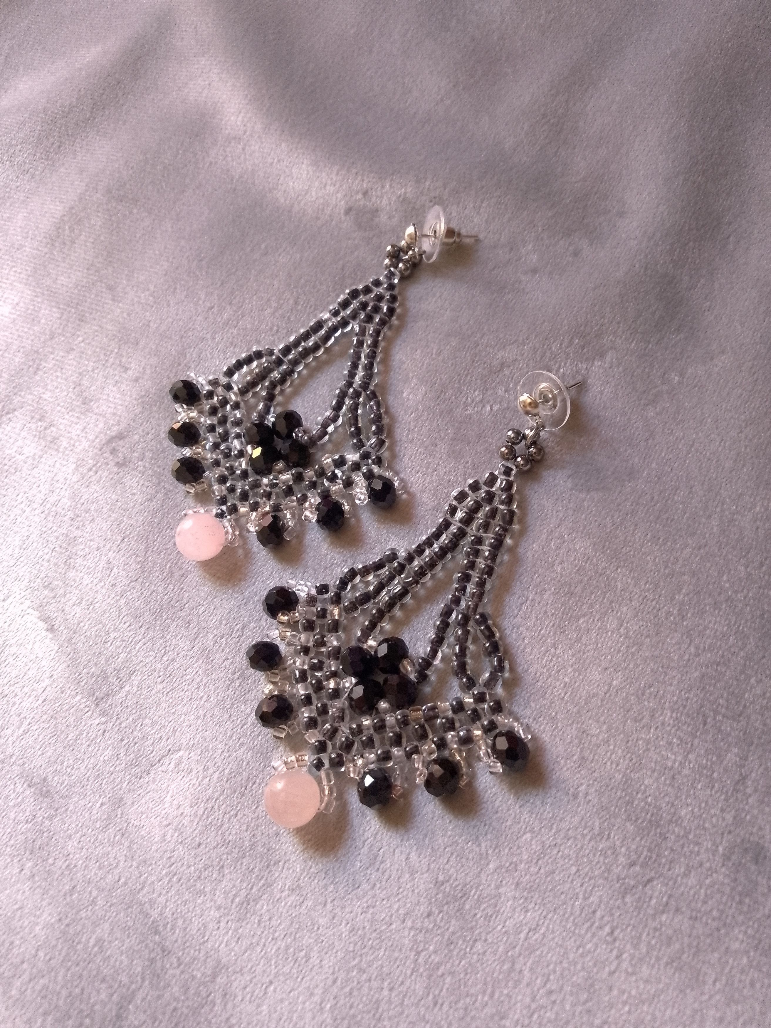 Handmade Earrings Black dangling with natural rose quartz gemstones Size ONE SIZE - 1 Thumbnail