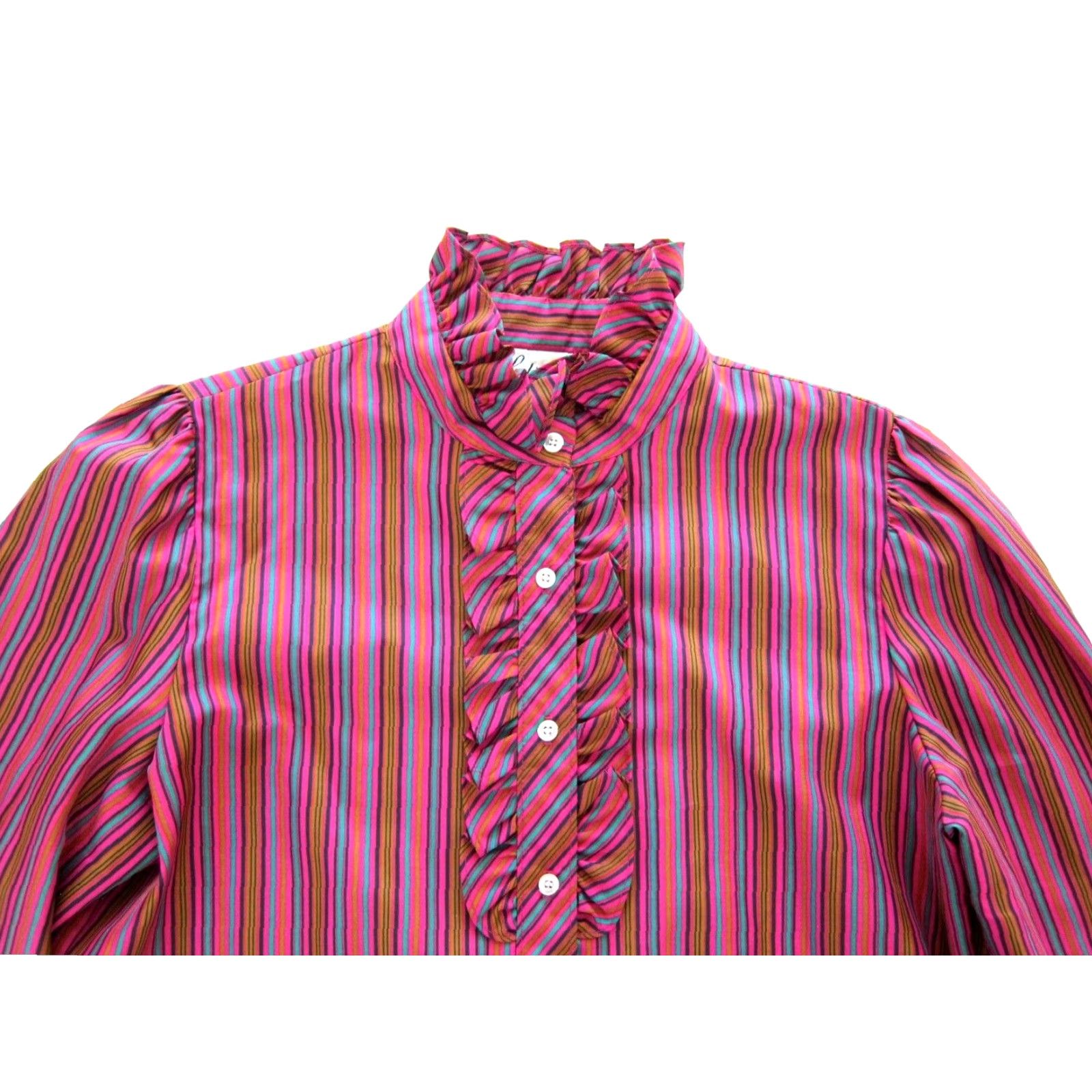 Vintage VINTAGE Lucky Me Pink Blouse Striped High Neck Long Sleeve Ruffle Button Large Women Size L / US 10 / IT 46 - 3 Thumbnail