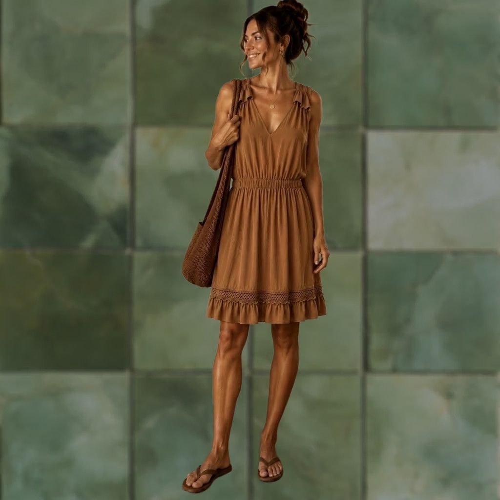 Ramy Brook Ramy Brook Dress CARA Mini Silky Satin Light Cognac Brown M Sleeveless V-Neck Ruched Embroidered Crochet A-Line Shift Floral Lined Size M / US 6-8 / IT 42-44 - 1 Thumbnail