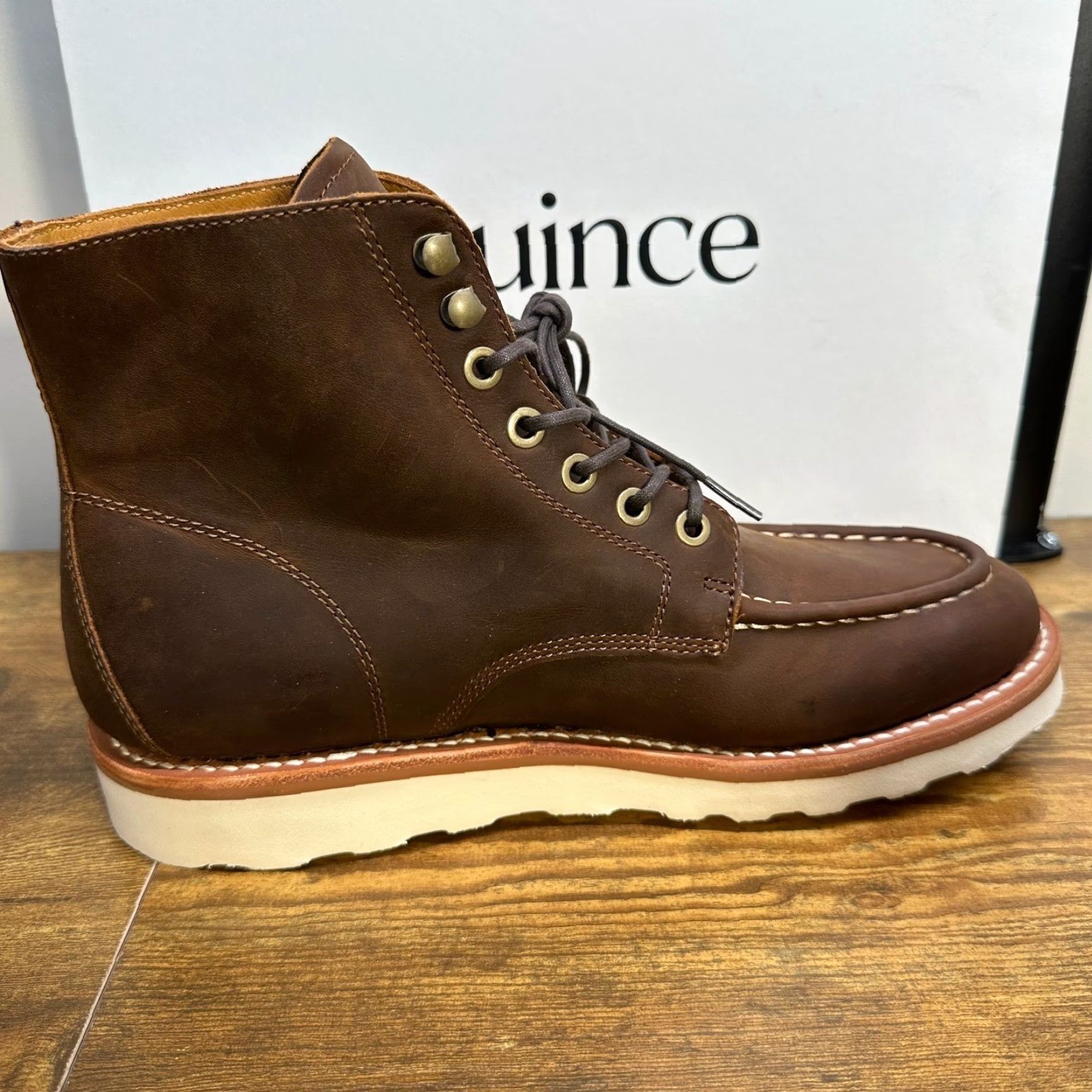 Quince Quince Mens Leather Moc Toe Boots Brown Cowhide Leather Wedge Rubber Outsole Ankle Lace Up 10.5 --- Size US 11 / EU 44 - 7 Thumbnail