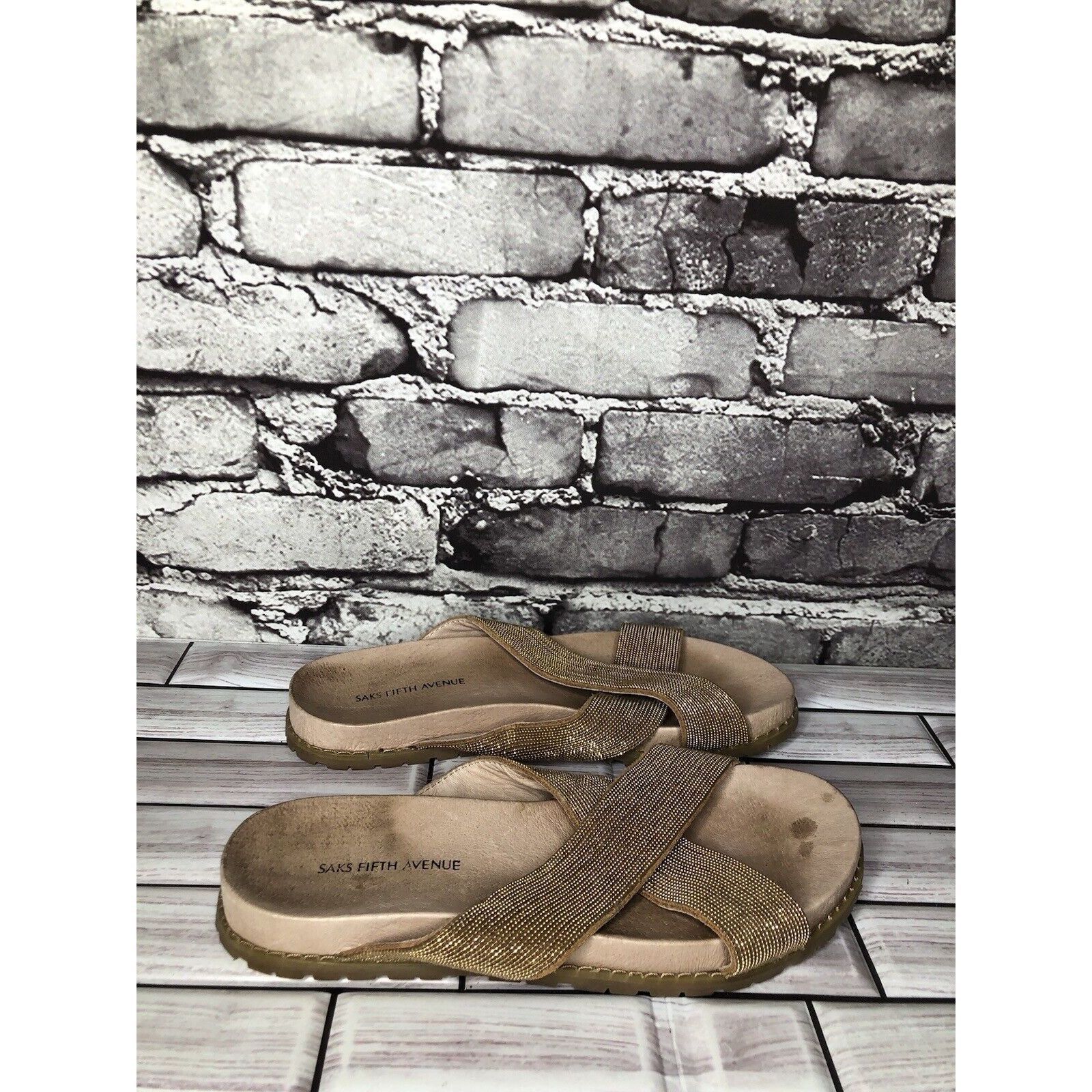 Saks Fifth Avenue Saks Fifth Avenue Tan Gold Beaded Slide Leather Casual Sanda Size US 6 / IT 36 - 1 Thumbnail