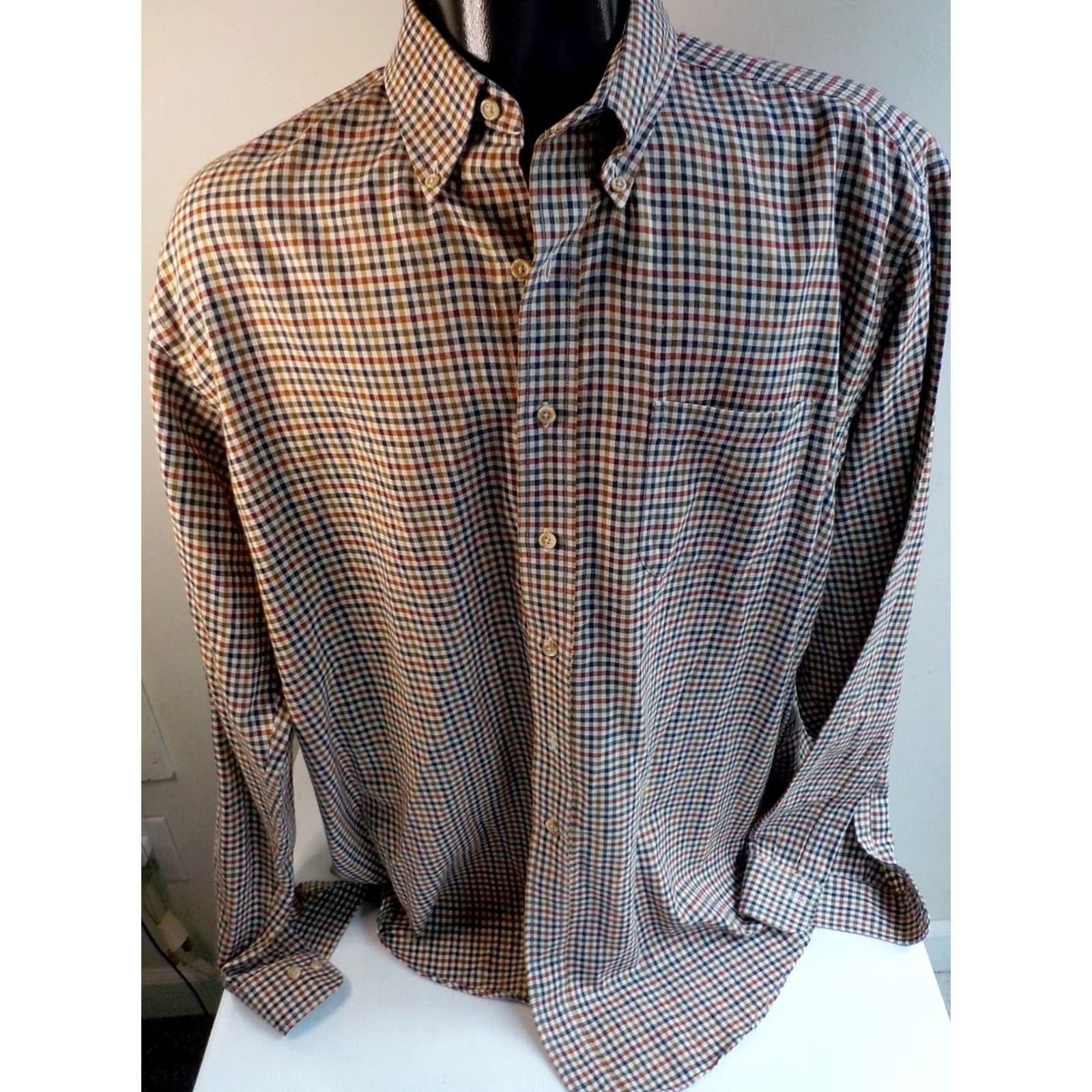 Vintage Viyella Button-Down Shirt Mens 2XT Beige Navy Maroon Black Brown Plaid Wool Cotton Long Sleeve 80% Cotton 20% Wool Size US XXL / EU 58 / 5 - 2 Thumbnail