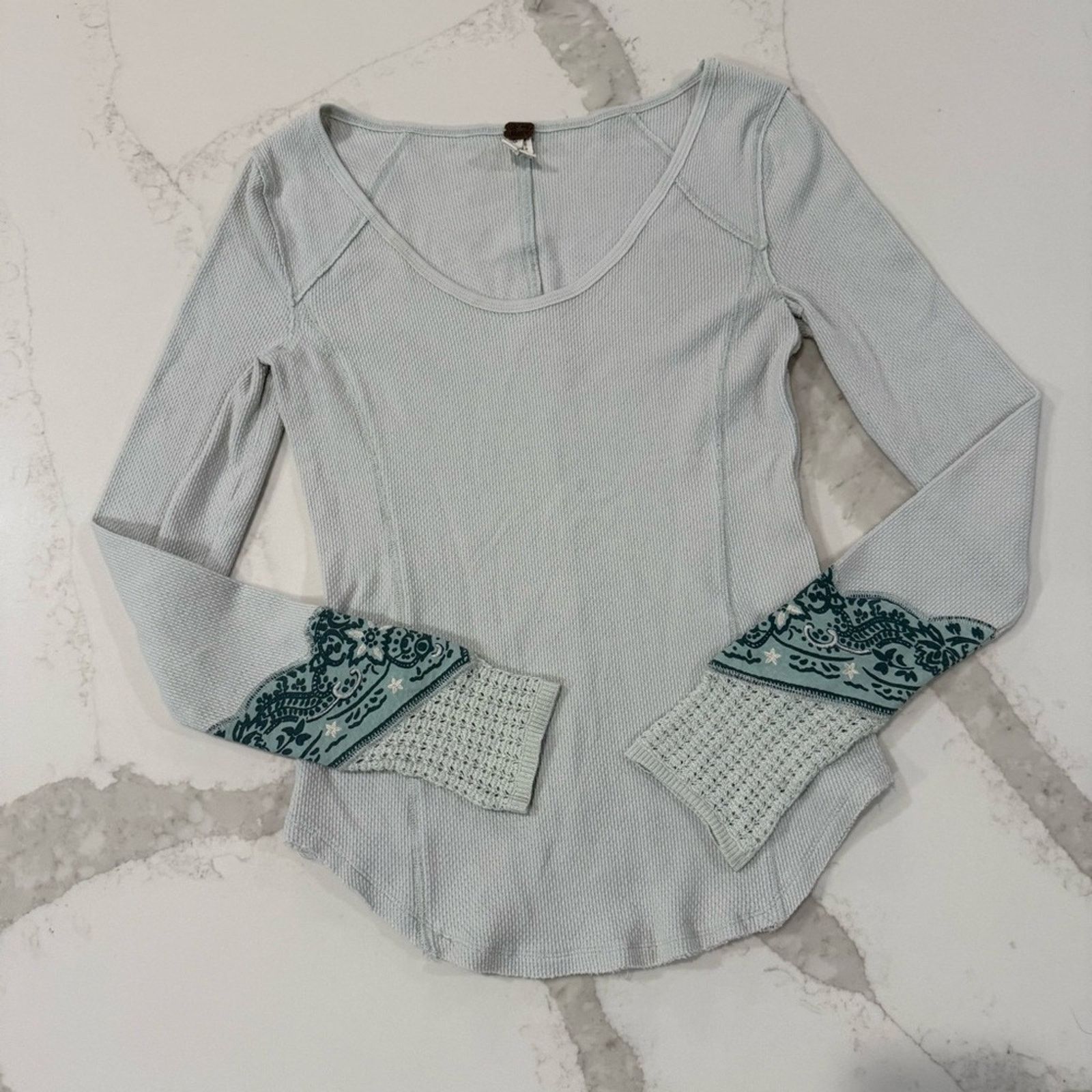 Free People Free People Bandana Cuff Waffle Knit Top Women’s Large Mint Size L / US 10 / IT 46 - 4 Thumbnail