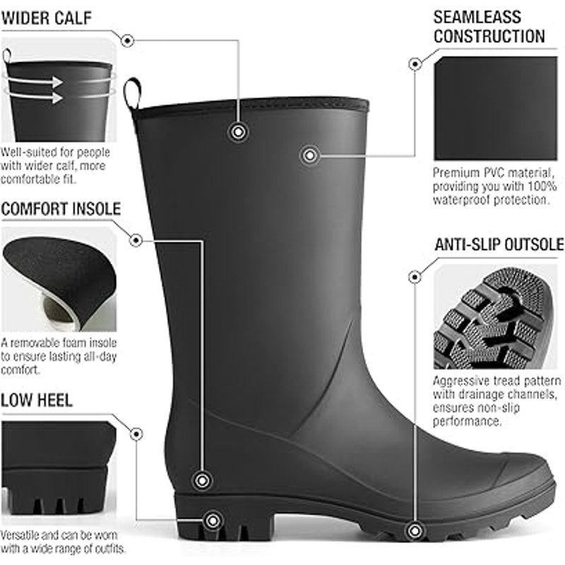Other Hisea Women's Size 8 Wide Calf Black Waterproof Rain Boots Size US 8 / IT 38 - 2 Thumbnail