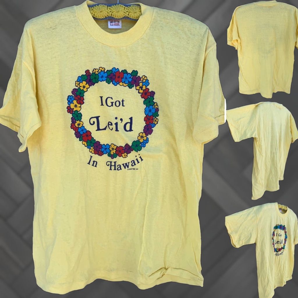 X-LARGE VINTAGE I GOT LEI’D IN HAWAII T-Shirt Poly Tees 1983 size XL single stitch 100% cotton Men T-Shirt Holiday 80s Aloha Hawaiian Size US XL / EU 56 / 4 - 1 Thumbnail