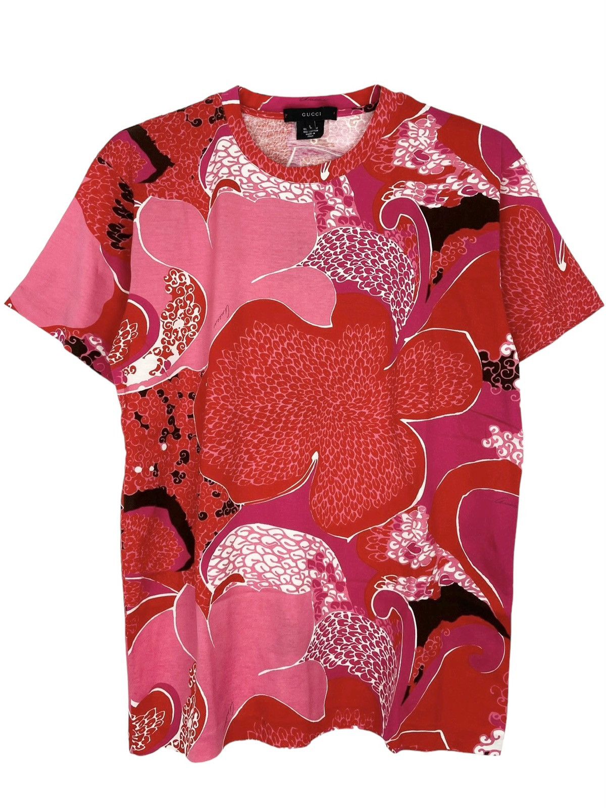 image of Gucci x Tom Ford S/s 1999 Acid Flower T-Shirt (Ss99, Floral, Psychedelic) in Pink/Red (Size Large)