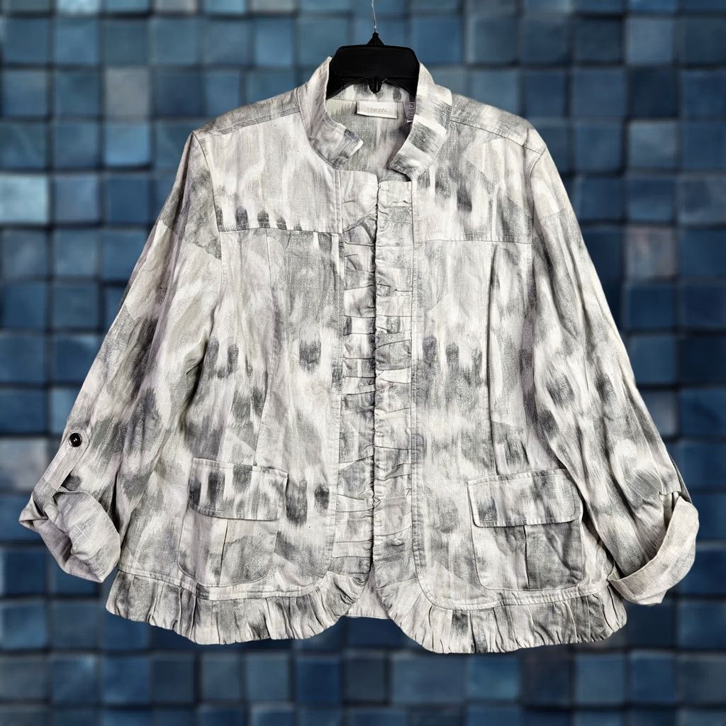 Vintage Chico’s Women’s Jacket XL Abstract Print Linen Cotton Casual Gray Button All Seasons Long Sleeve Size XL / US 12-14 / IT 48-50 - 1 Thumbnail