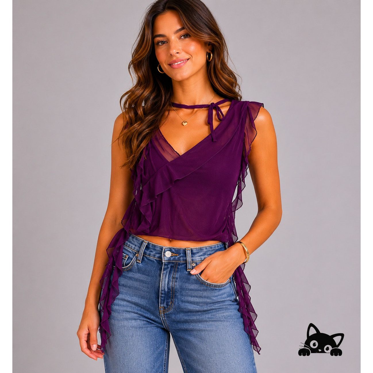 Cider Cider Purple Sleeveless Ruffle Mesh Faux Wrap Tie Neck Top S Size S / US 4 / IT 40 - 2 Thumbnail