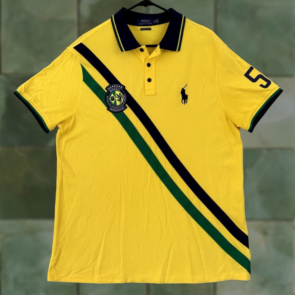 Polo Ralph Lauren VINTAGE Polo Ralph Lauren Brasil Shirt Mens XL Yellow Polo Custom Slim Fit Short Sleeve Size US XL / EU 56 / 4 - 1 Thumbnail