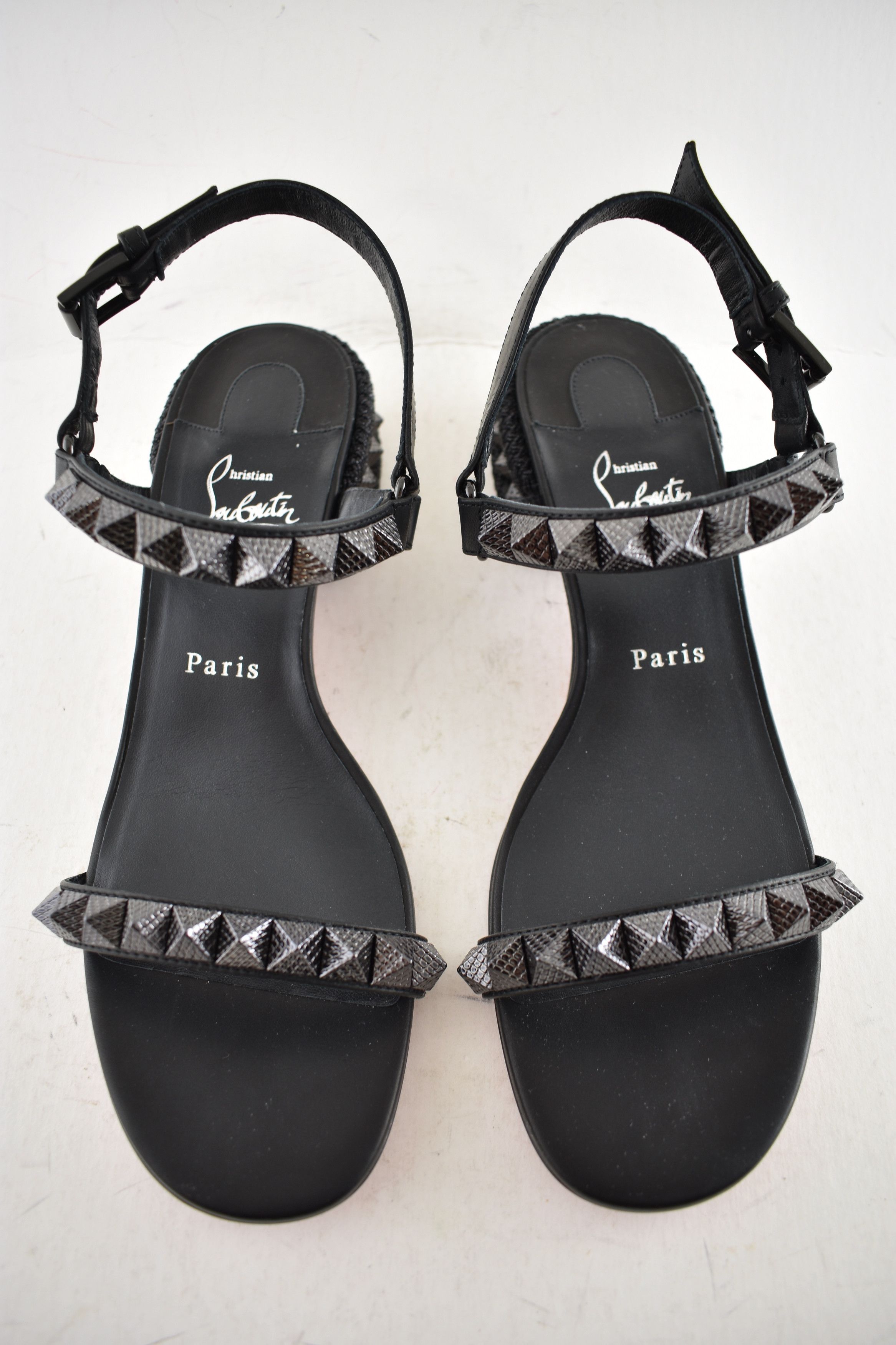 Christian Louboutin Pyrasand 30 Black Leather Block Heel Ankle Strap Sandal 35.5 Size US 5.5 / IT 35.5 - 9 Thumbnail