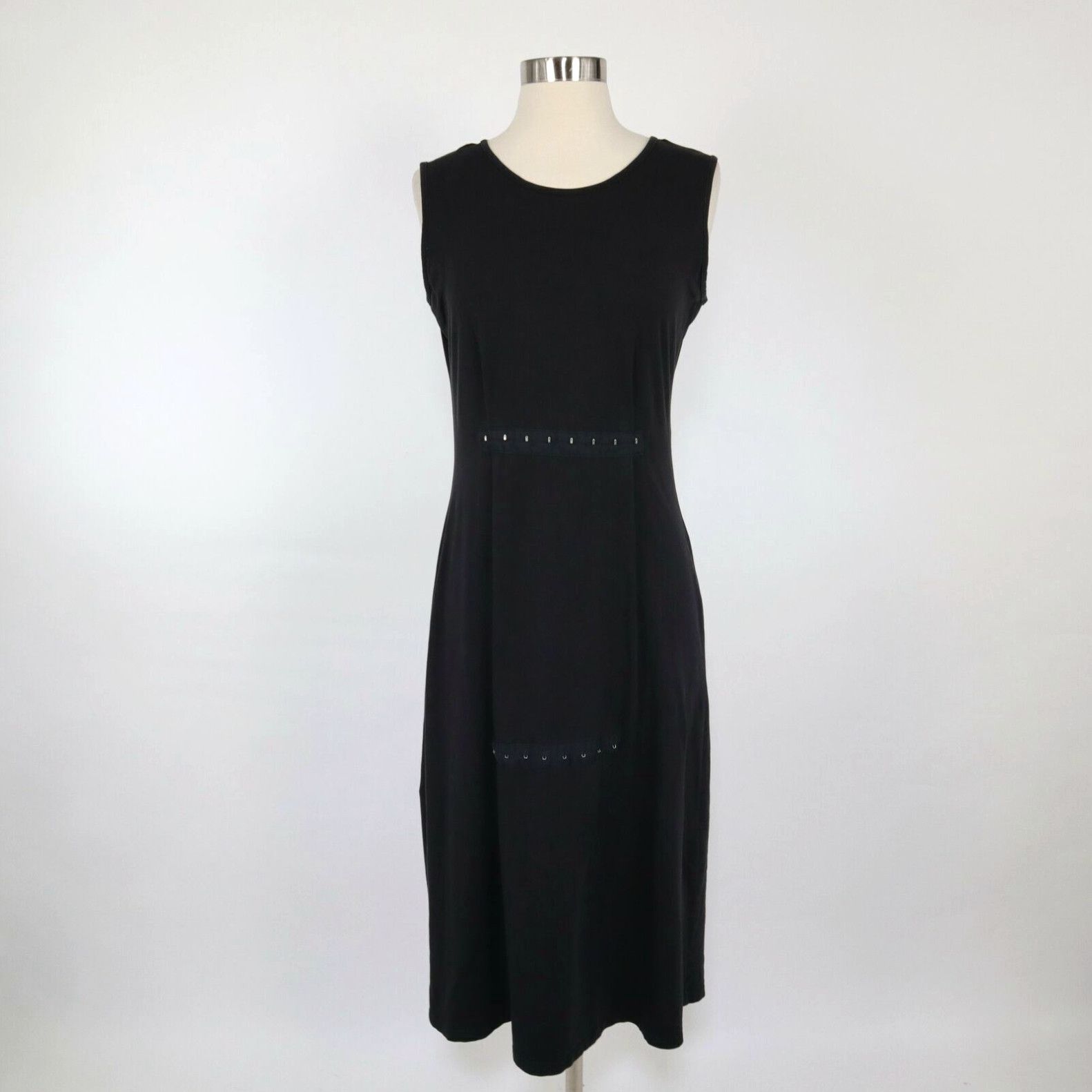 image of Vintage Ivan Grundahl Tank Dress M Medium Midi Eyehook Trim Waist Black Casual Stretch in White, Wo
