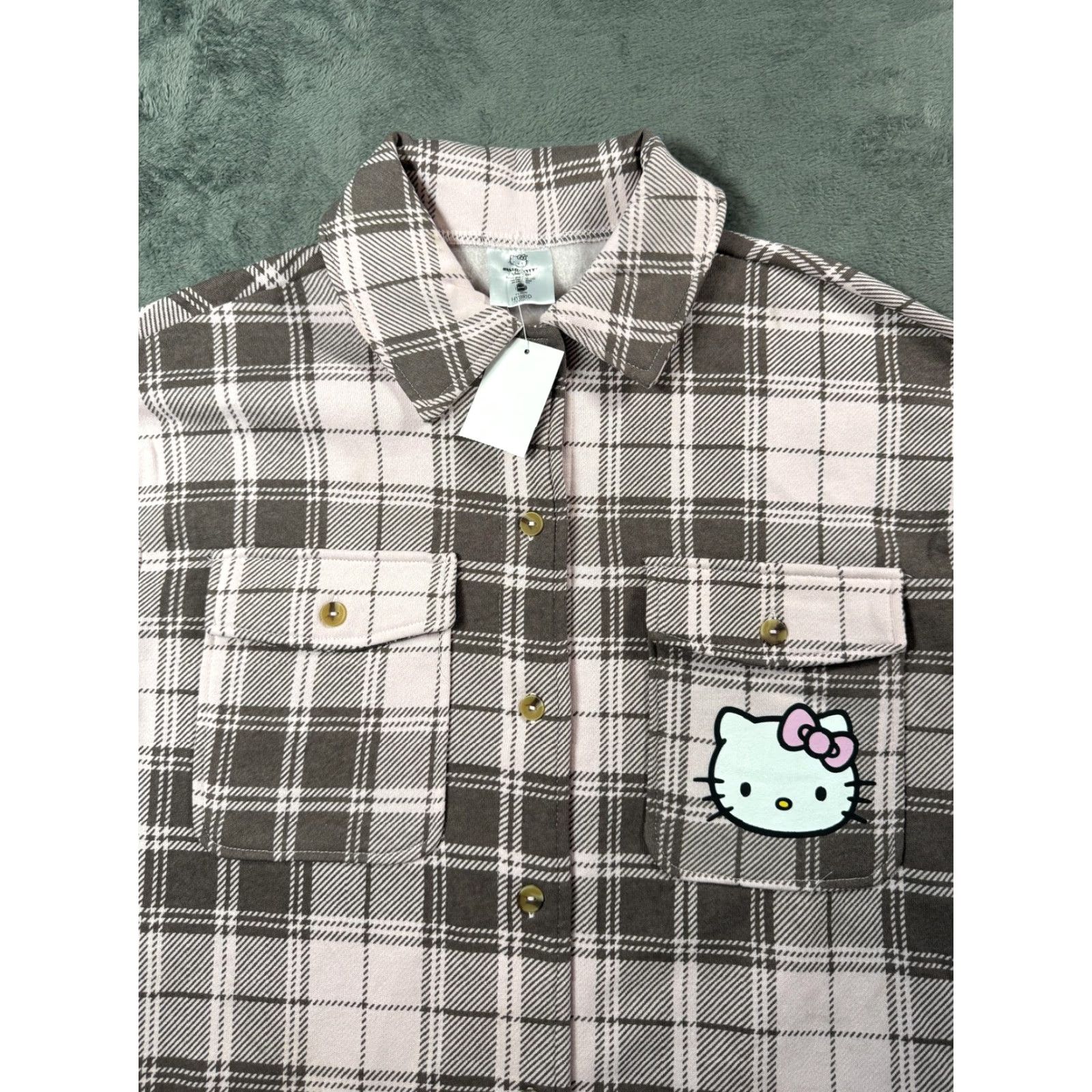 Hello Kitty Shirt Womens Small Pink Plaid Button-Up Sanrio Graphic Flannel Long Sleeve