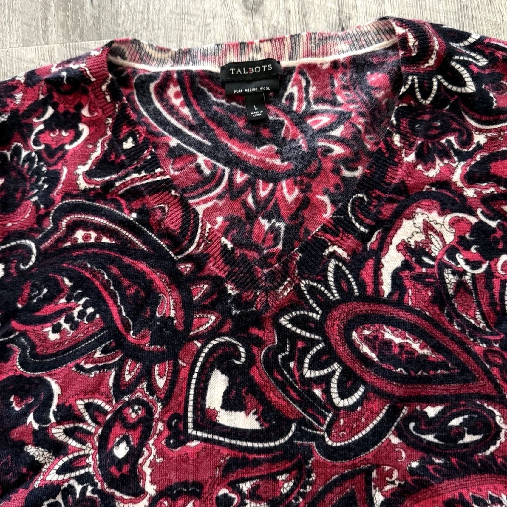 Talbots Talbots Pure Merino Wool Sweater Womens L Pink Black Paisley 3/4 Sleeve V-Neck Pullover Regular Size L / US 10 / IT 46 - 3 Thumbnail