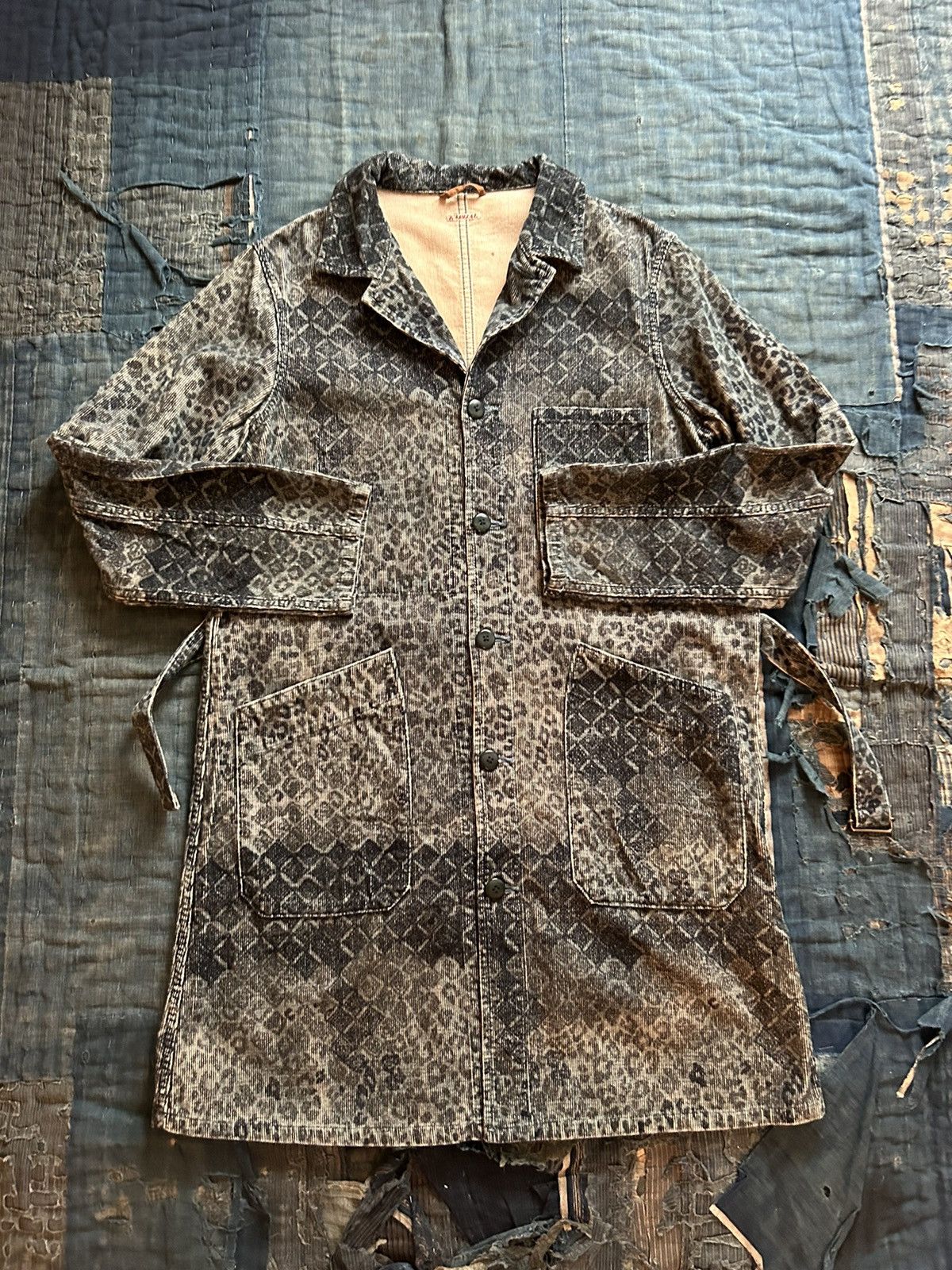 image of Kapital Leopard Corduroy Long Coat in Grey, Men's (Size Medium)